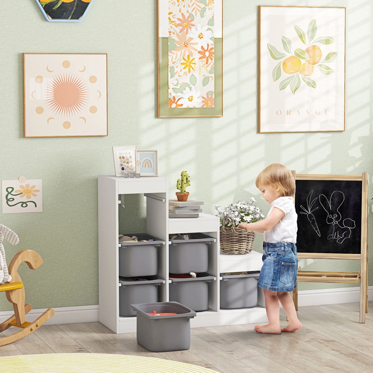 Qaba 3 Layers Kids Toy Storage Organizer with 6 Storage Bins, Kids Bookshelf for Ages 3-8 Years, Play Room, Bedroom, Gray