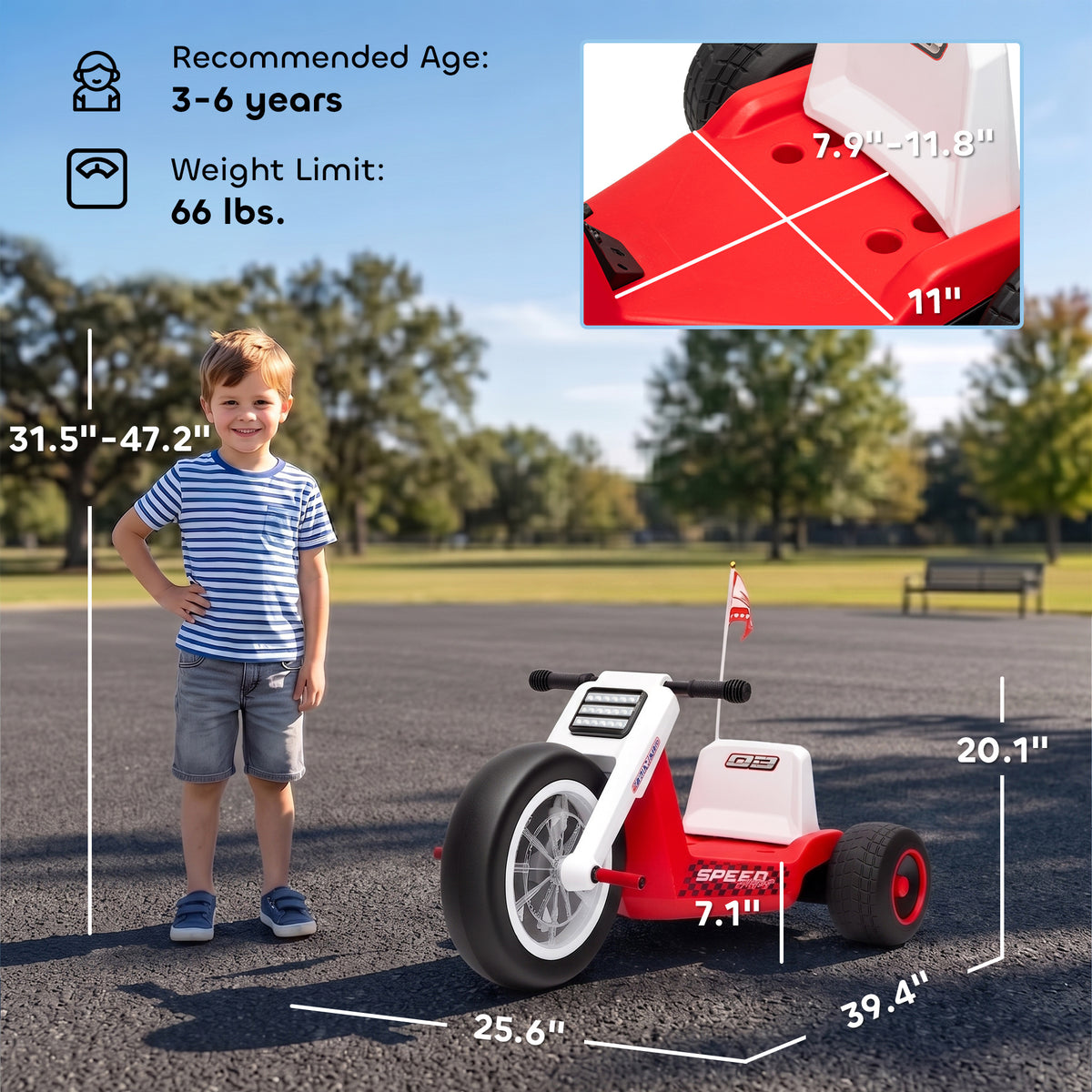 12V Electric Car for Kids, Electric Ride On Tricycle with Soft Start, Light-Up Wheel, Adjustable Seat for 3-6, Red