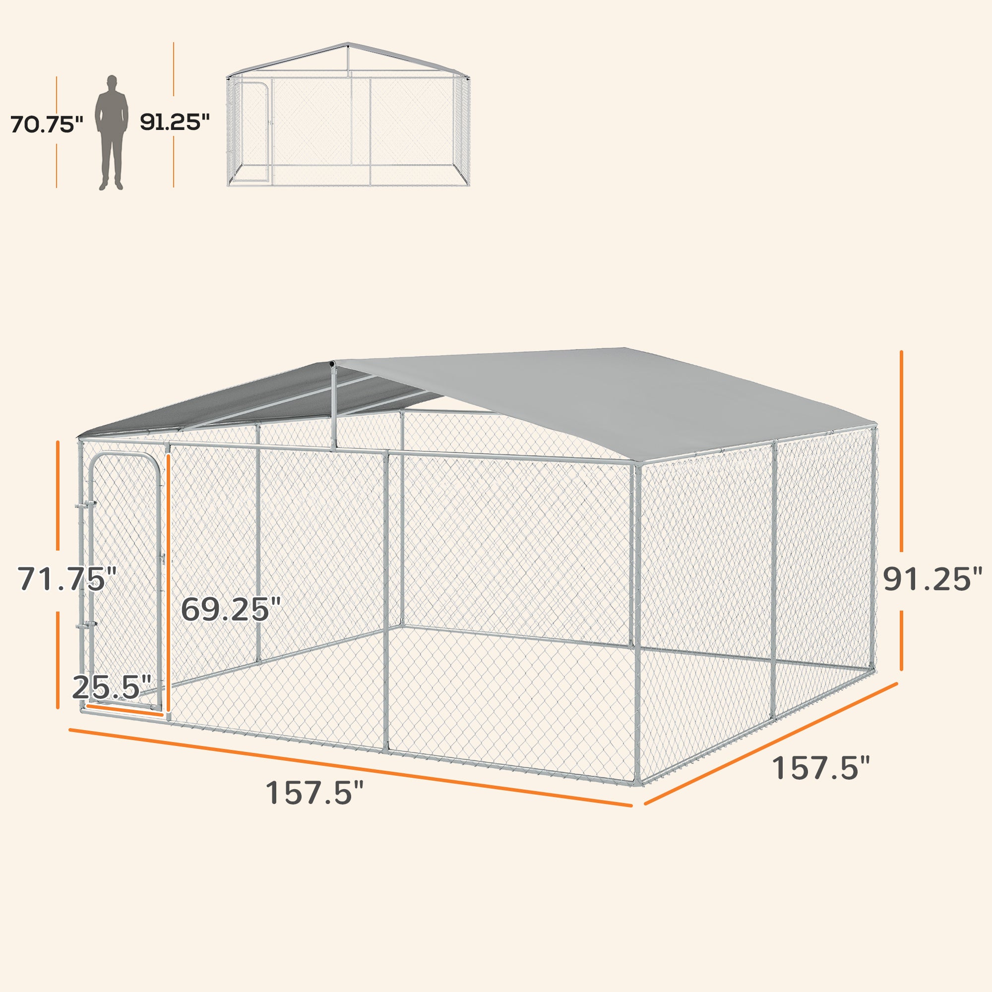 Dog Kennel Outdoor Dog Run w/ Canopy, 13' x 13' x 7.5' - Silver - Image 3