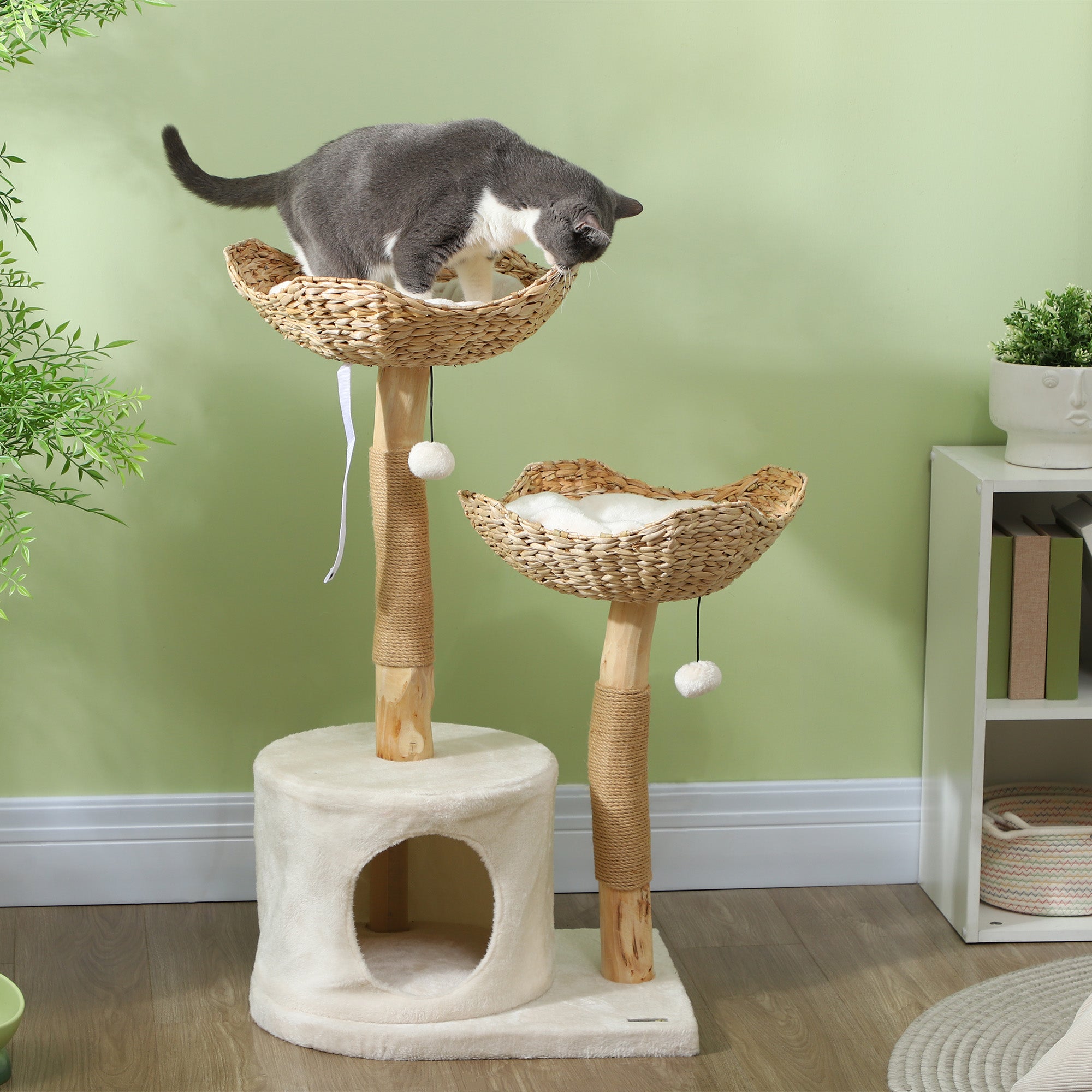 37 Inch Modern Cat Tree w/ Wooden Scratching Posts, Condo, Beds, Cushions, Toy Balls & Anti-Tip Kit - Cream White - Image 2