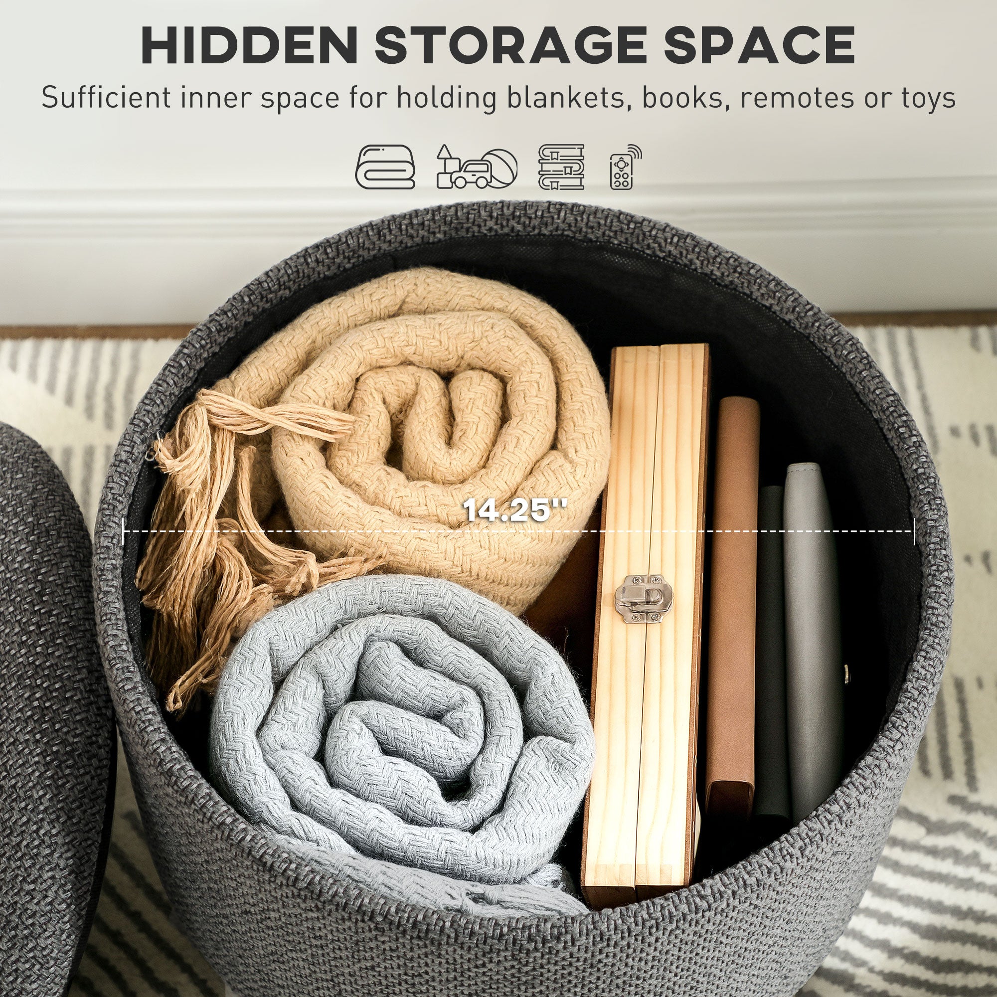 Round Ottoman Stool with Storage, Linen Upholstered Foot Stool with Padded Seat, Hidden Space and Wood Legs, Gray