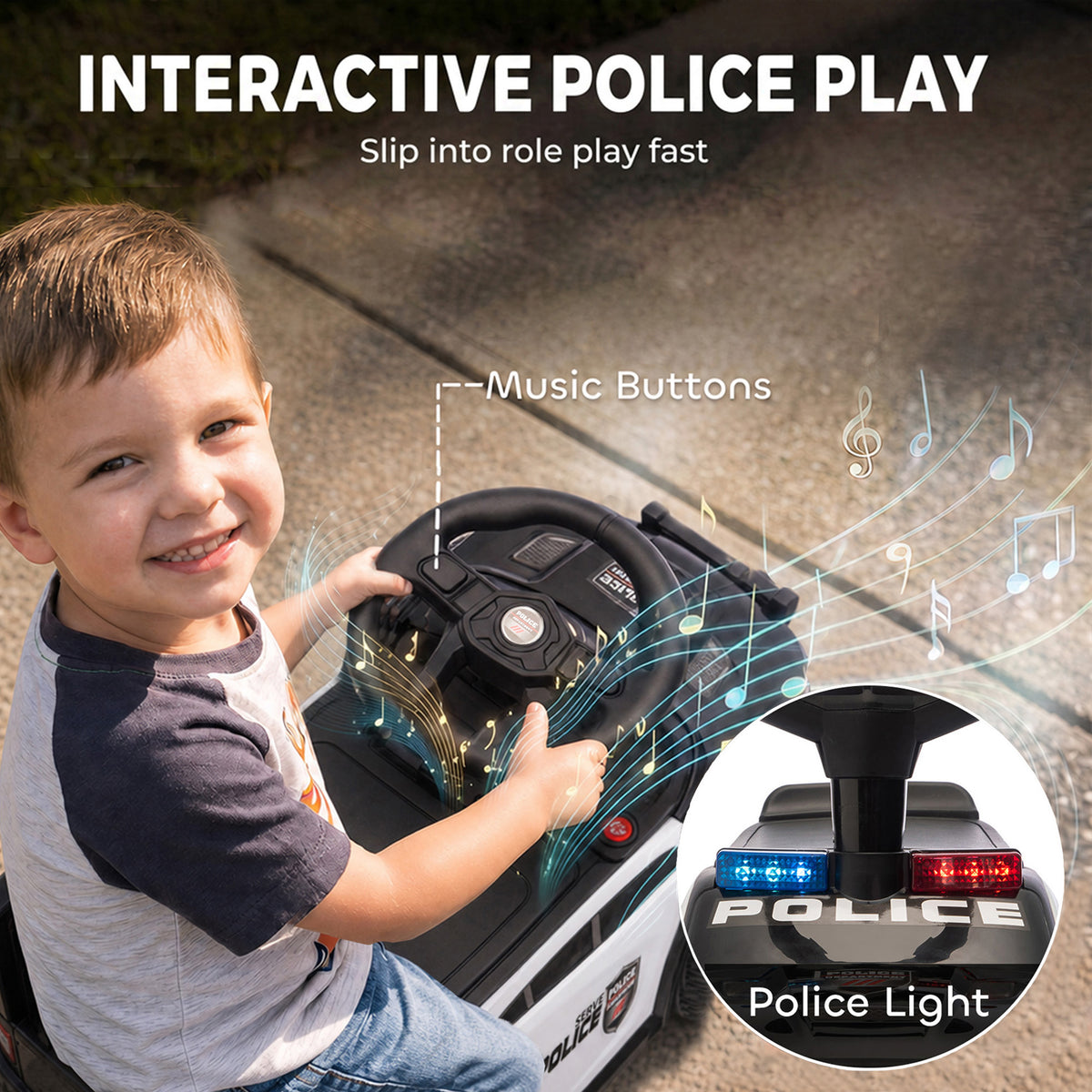 Toddler Push Car, Police Car Styling, Ride on Toys with Under-Seat Storage and Anti Tip Device, for 18-36 Months, Black