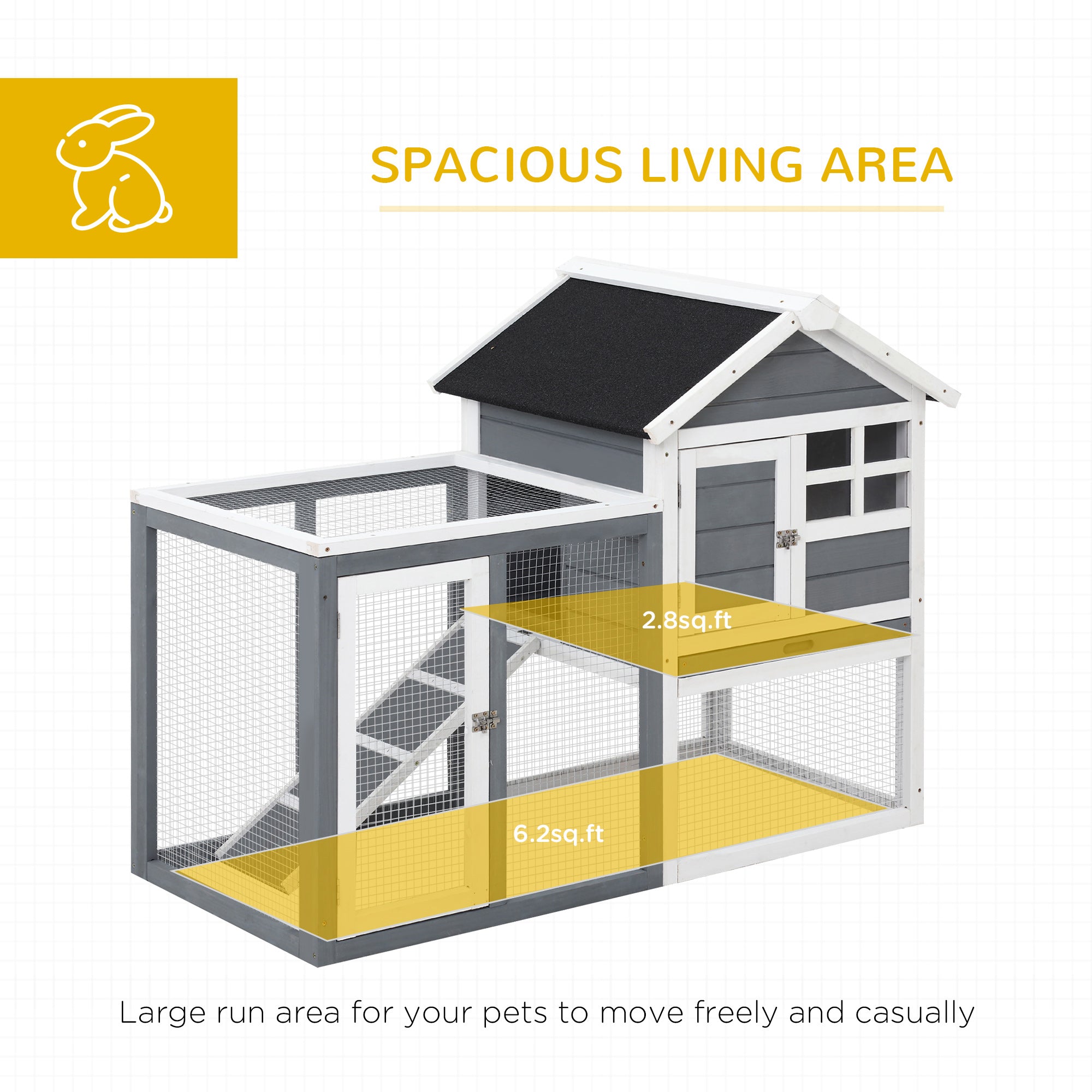 Indoor Rabbit Enclosure, 48" Weatherproof Wooden Rabbit Hutch, with Slanted Asphalt Roof & Fun Outdoor Run for Bunnies & Ferrets - Gray - Grey and White - Image 4