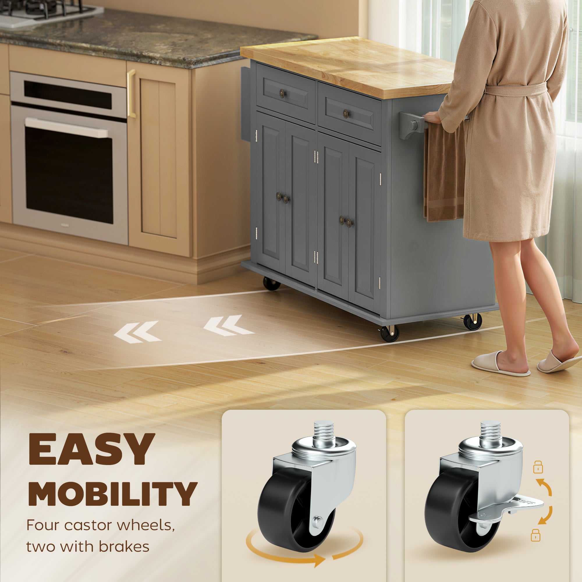44" Mobile Kitchen Island Table, Kitchen Island Cart on Wheels with Storage Cabinets, 2 Drawers, Gray