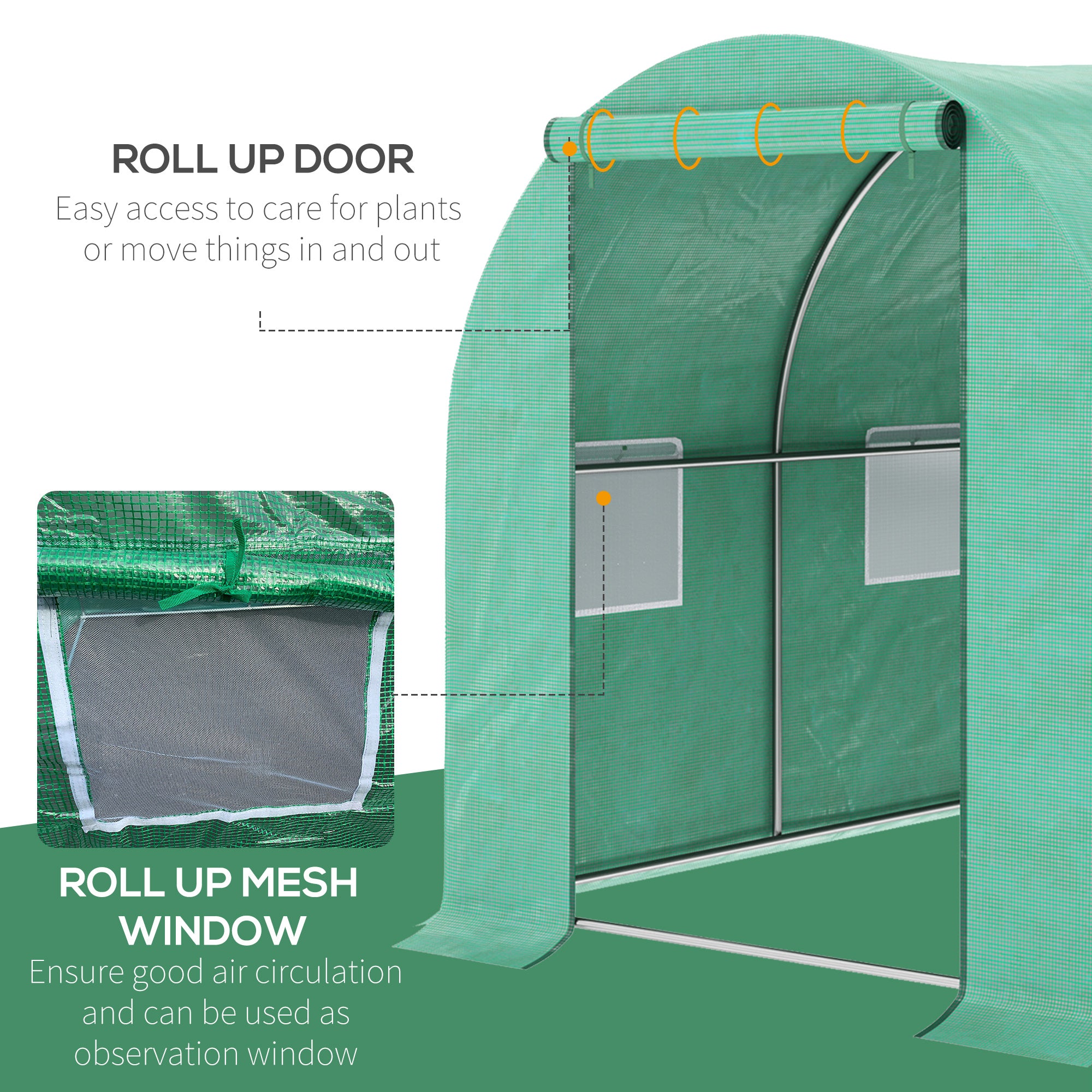 15' x 7' x 6.5' Walk-in Tunnel Hoop Greenhouse, Green House for Outside with PE Cover, Steel Frame, Roll-Up Zipper Door & Windows for Flowers, Vegetables, Tropical Plants, Green - Green - Image 4
