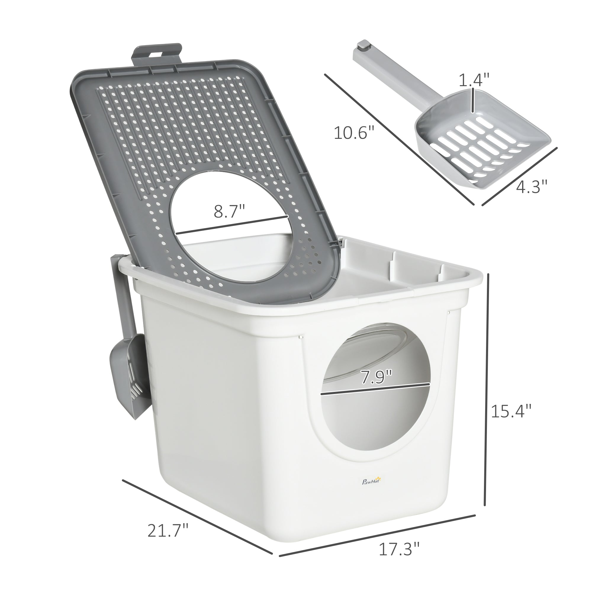 Covered Cat Litter Box, Easy Cleaning Kitty Litter Box with Front Entrance, Top Exit, Scoop, for Odor Control, White - White - Image 3