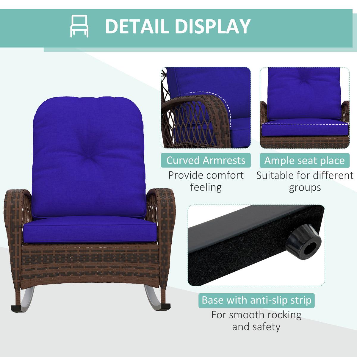 Rattan Porch Rocker w/ Plush Cushion, Dark Blue