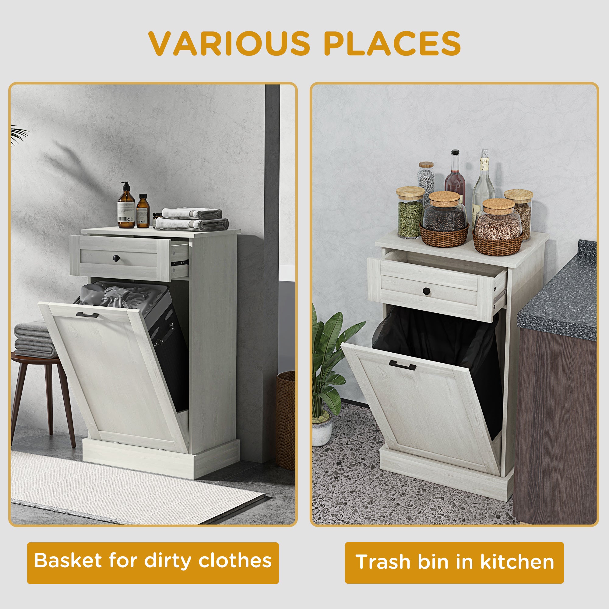 Kitchen Tilt Out Trash Bin Cabinet Free Standing Storage Cabinet with Drawer, Light Gray
