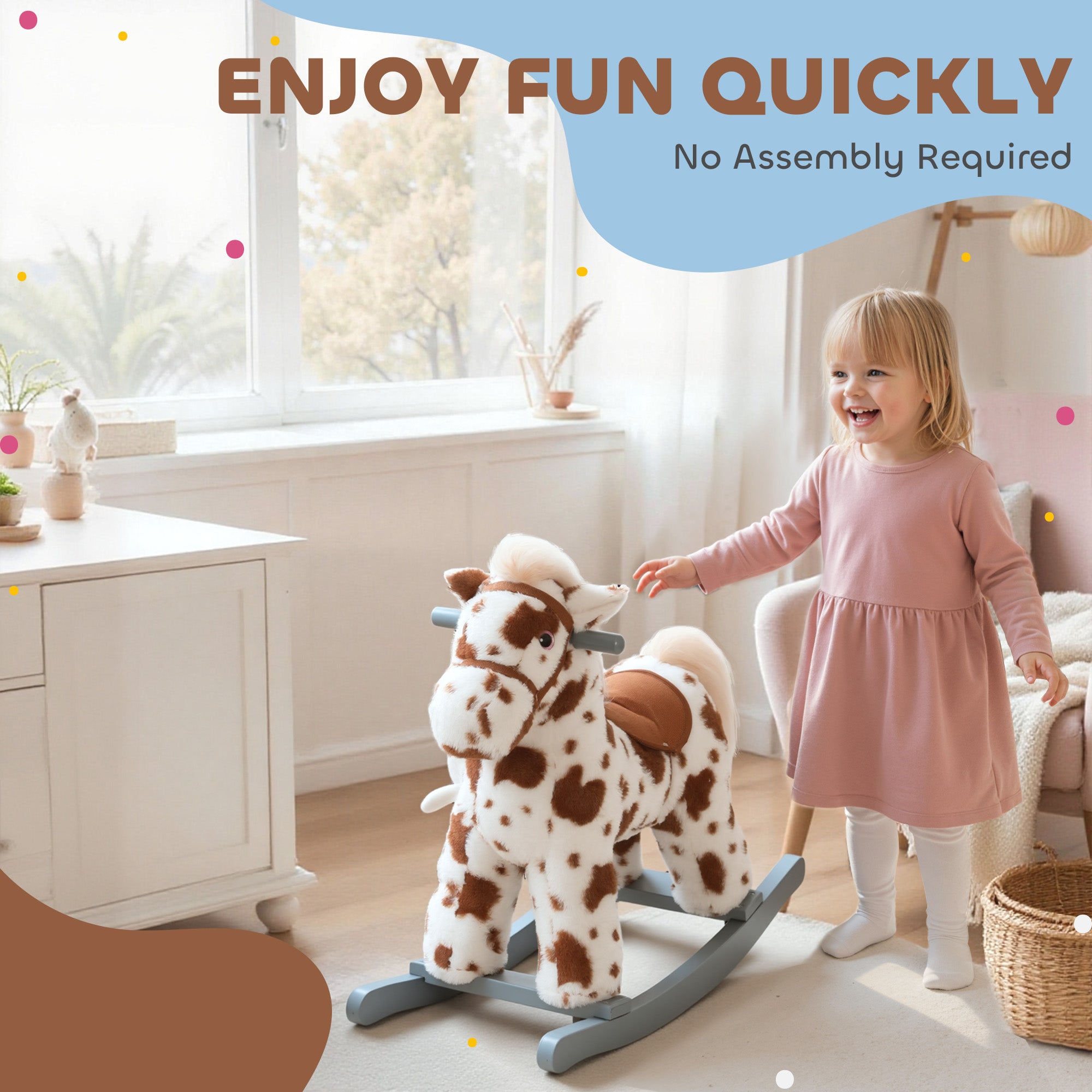 Rocking Horse, Animal Rocker with Rabbit Toy and Realistic Neigh for Toddlers, Soft Filling Ride on Pony, Brown