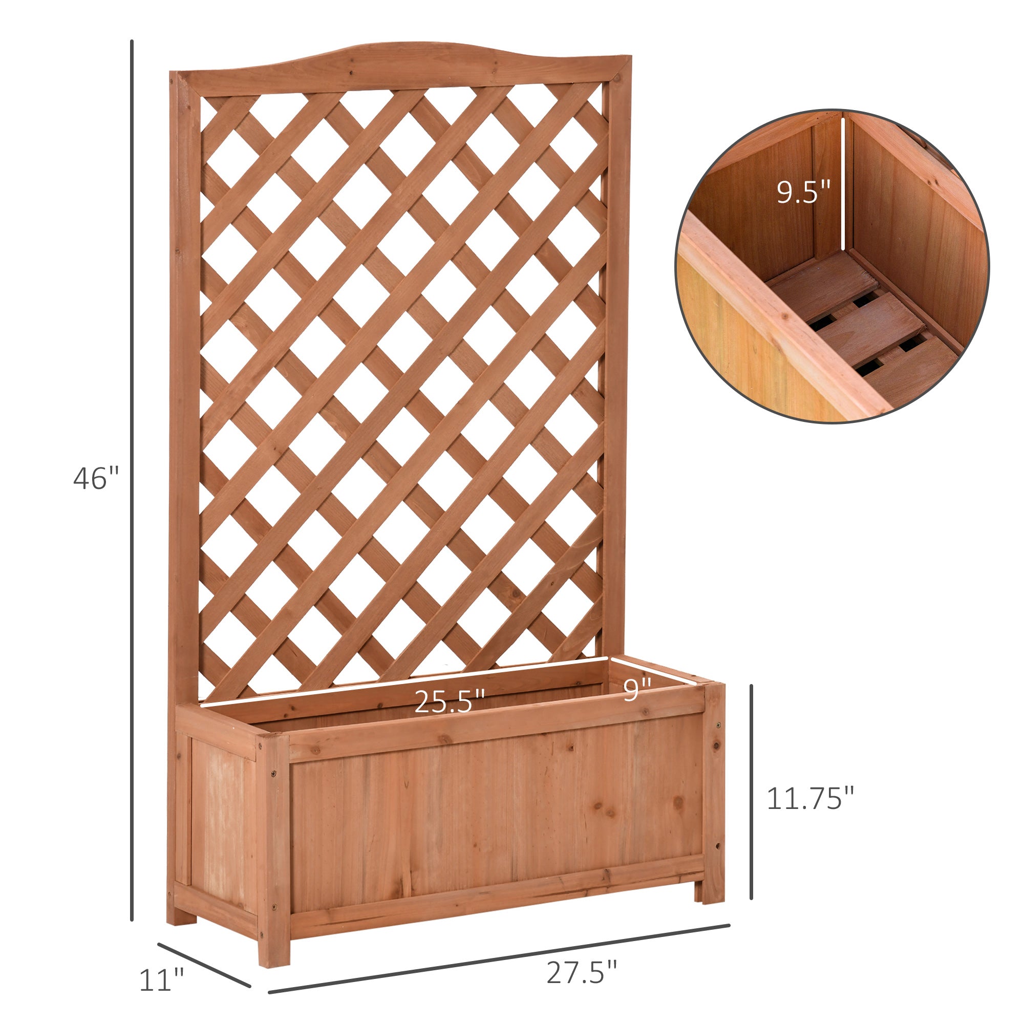 28" x 11" x 46" Raised Garden Bed, Wooden Planter Box w/ Trellis, Brown - Brown - Image 3