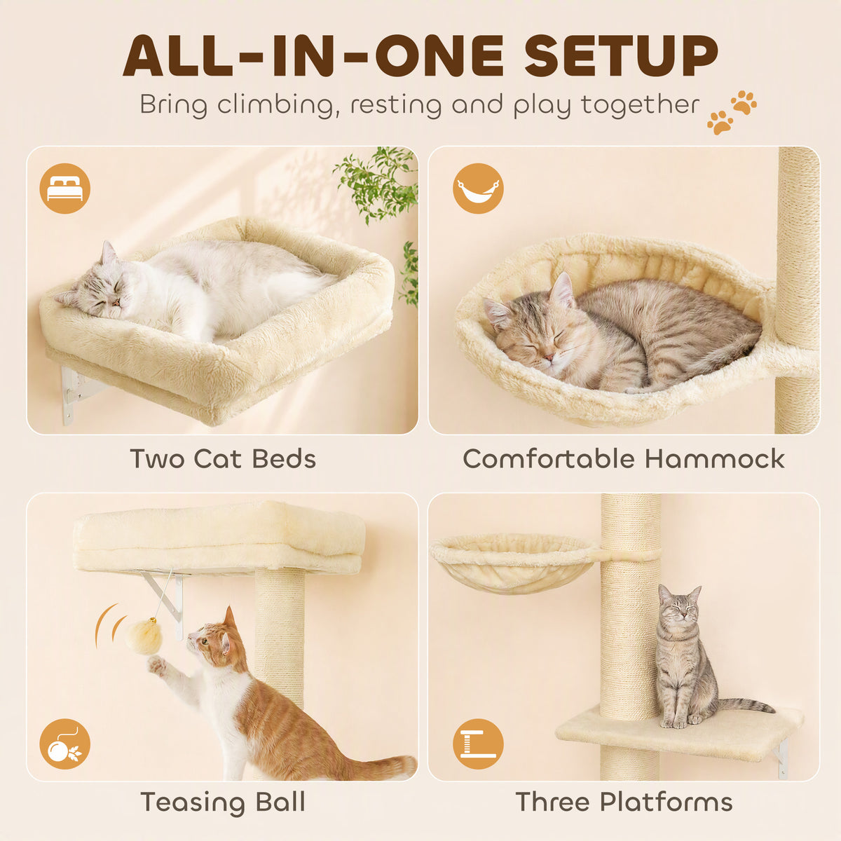 Cat Wall Shelves, 3-in-1 Cat Wall Furniture Set with Scratching Post for Indoor Kittens Climbing Sleeping, Beige
