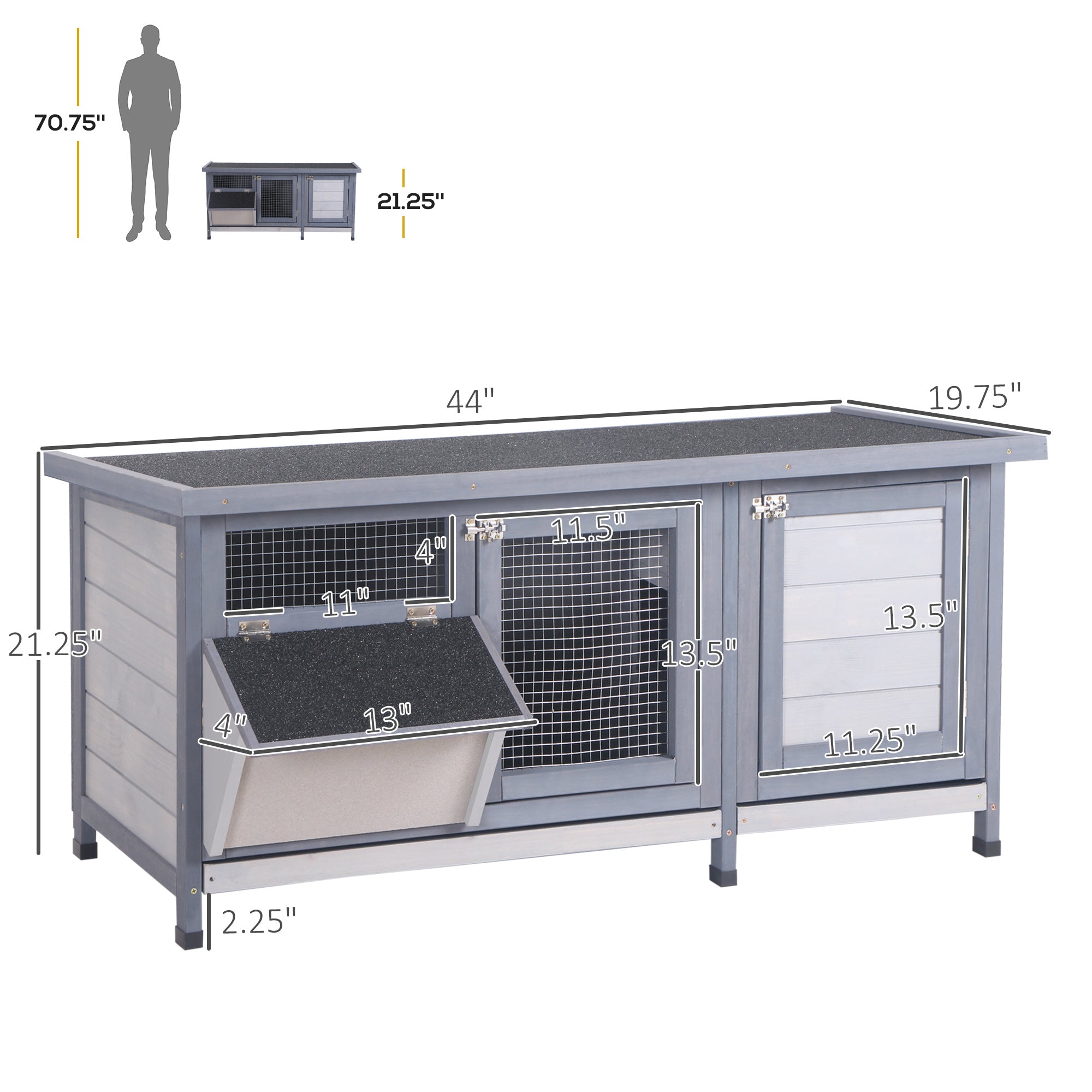Wooden Rabbit Hutch Bunny Hutch Cage Guinea Pig with Waterproof Roof, No Leak Tray and Feeding Trough, for Rabbits, Chickens, Ducks, Indoor/Outdoor, Gray - Grey - Image 3