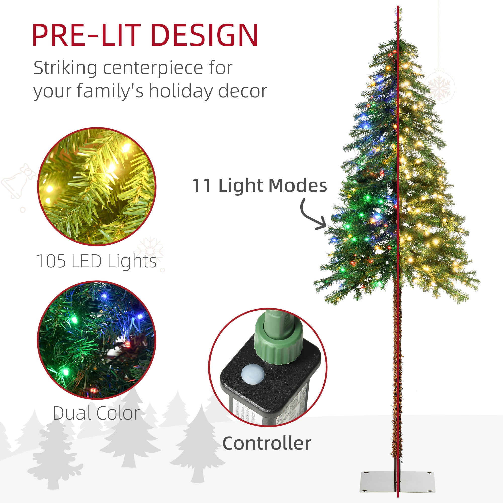 6' Artificial Christmas Trees, with Warm White or Colorful LED Lights, Pencil Shape, Steel Base