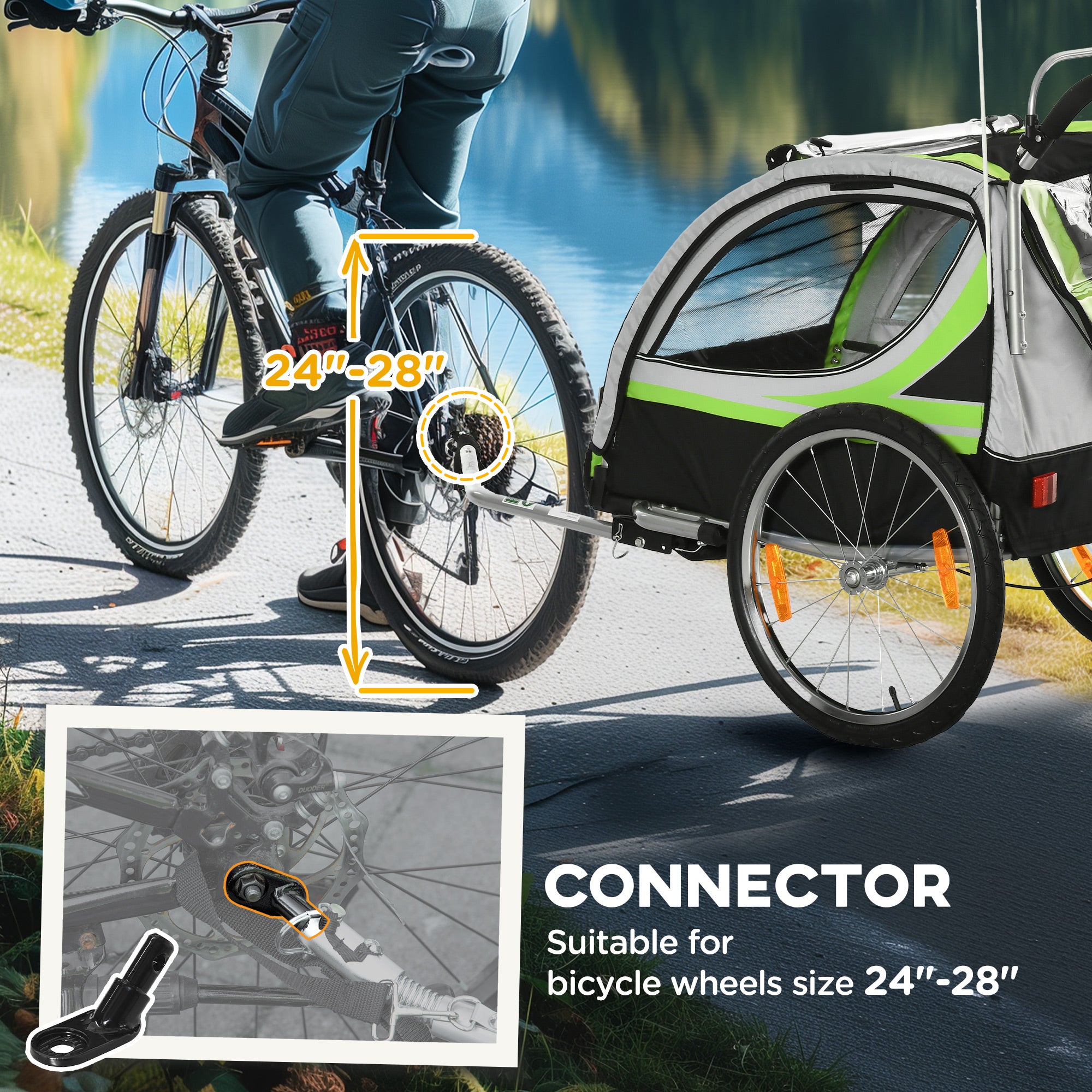 2-in-1 Walk/Ride Child Baby Bike Trailer for Kids 2 Seater, High-Visibility Bike Stroller for Toddler Wagon, Weather-Strong Double Bicycle Trailer Accessory, Green