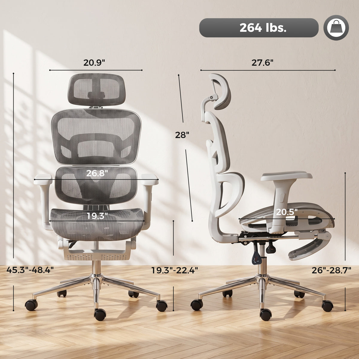 Ergonomic Office Chair with Lumbar Support, 2D Headrest, Mesh Reclining Desk Chair with Footrest, Swivel Wheels, Gray