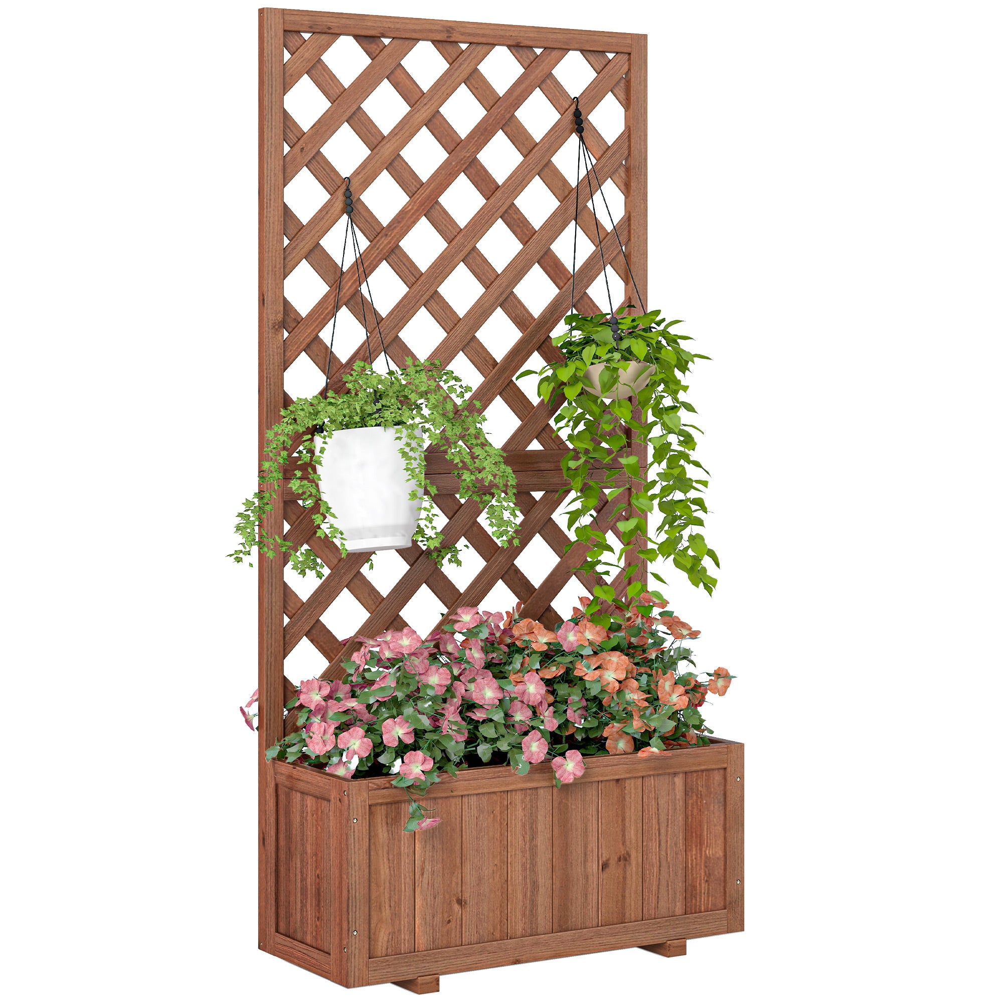 Wooden Raised Garden Bed with Trellis, 59" Outdoor Planter Box with Drainage Holes, Planter Raised Bed for Climbing Vine Plants Flowers, Orange - Orange