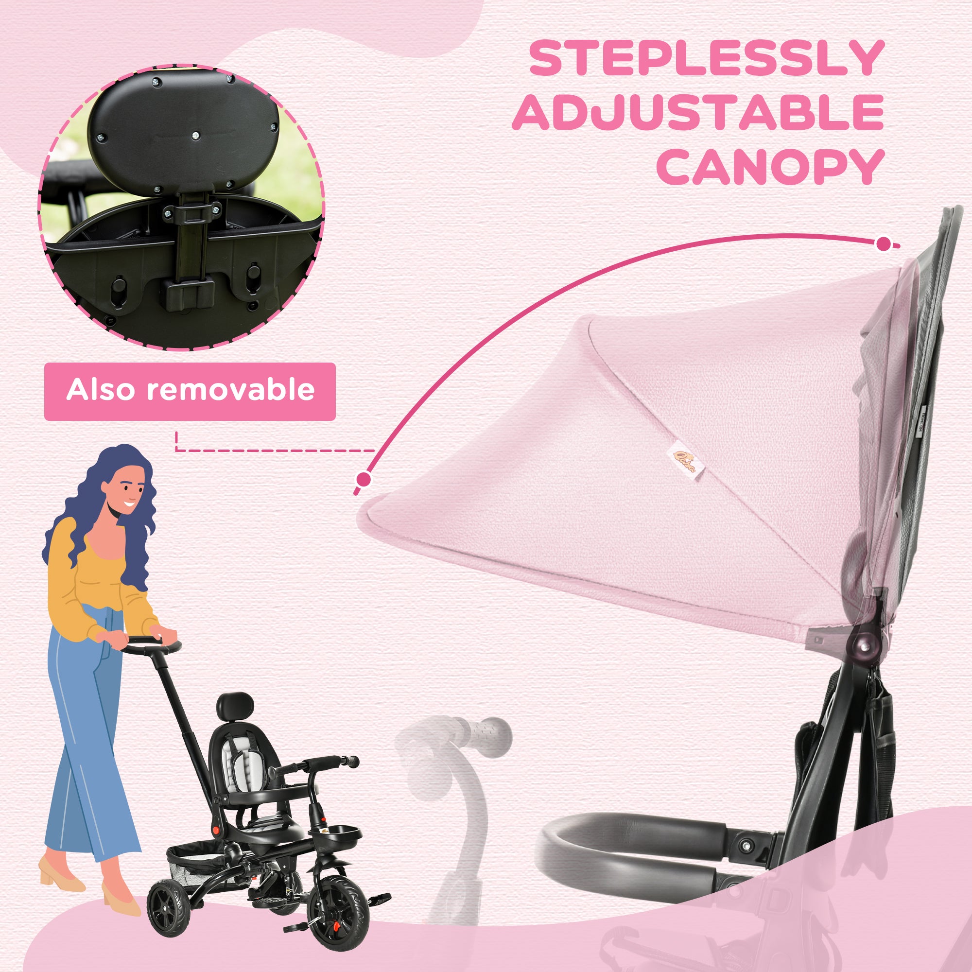 Kids Tricycle, 4 in 1 Foldable Trike with Reversible Seat, Adjustable Parent Handle, Safety Harness, Wheel Brakes, Removable Canopy, Storage, Tricycle for Toddlers 1-5 Years, Gray