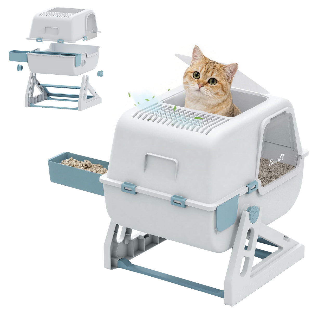 Semi-Automatic Quick Cleaning Cat Litter Box with Lid, Enclosed Cat Litter Box, Flip-to-Clean, Light Blue