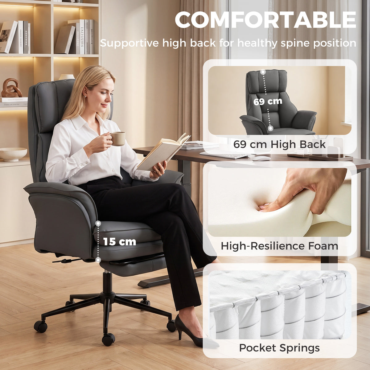 Cross Legged Office Chair w/ Footrest, 396 lbs Reclining Computer Desk Chair w/ High Back, Flip-up Armrests, Dark Gray