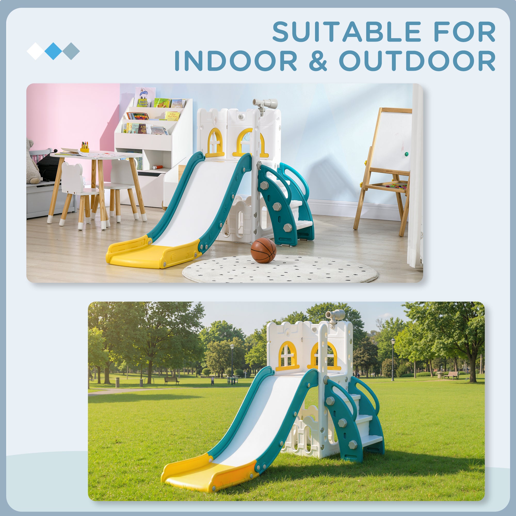 5 in 1 Toddler Slide with Basketball Hoop, Climber, Telescope & Storage Baskets for 1-3 Years Olds, Yellow