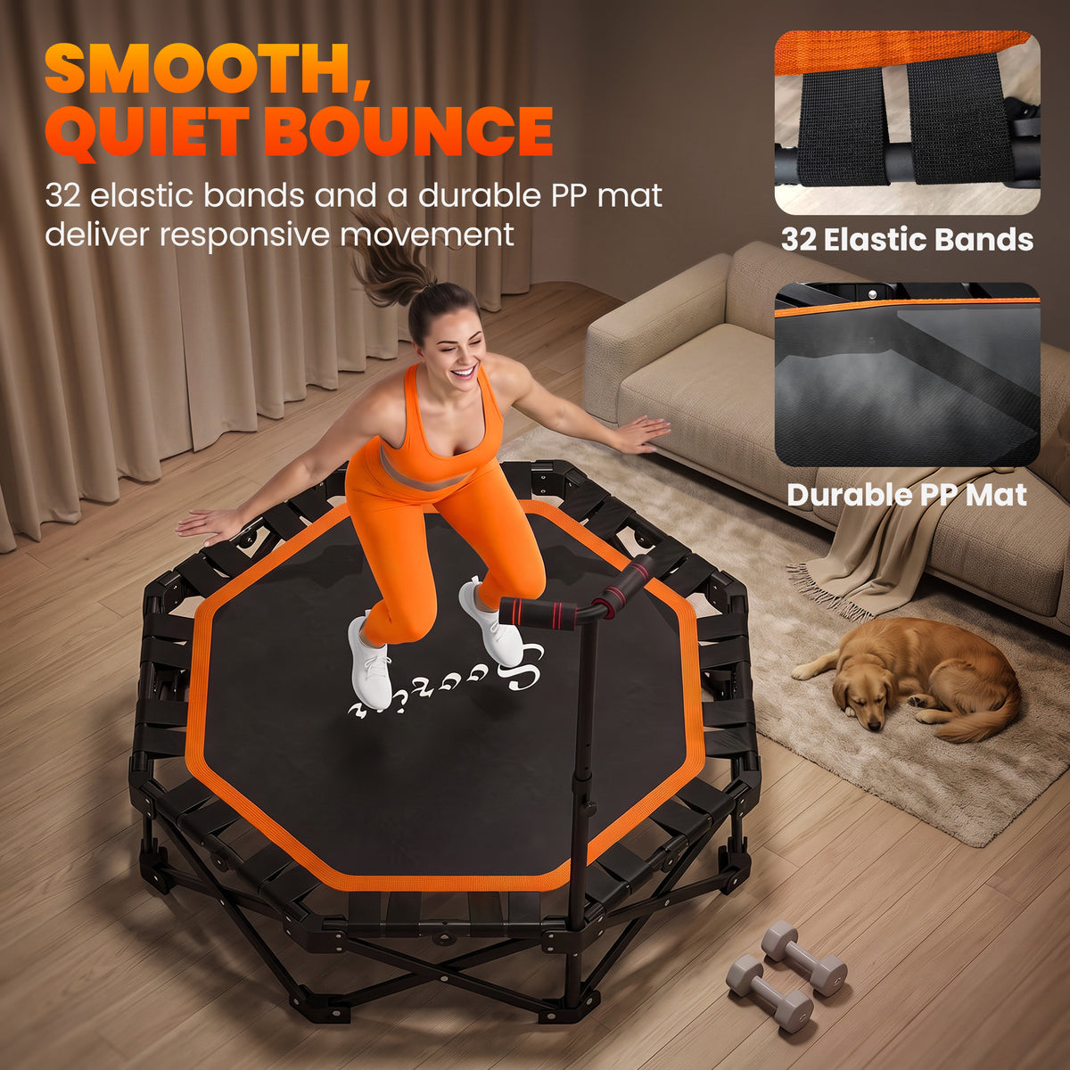 50" Foldable Mini Trampoline for Adults, One-Step Fold & Open, 550LBS Capacity, 3-Level Adjustable Handle, Orange