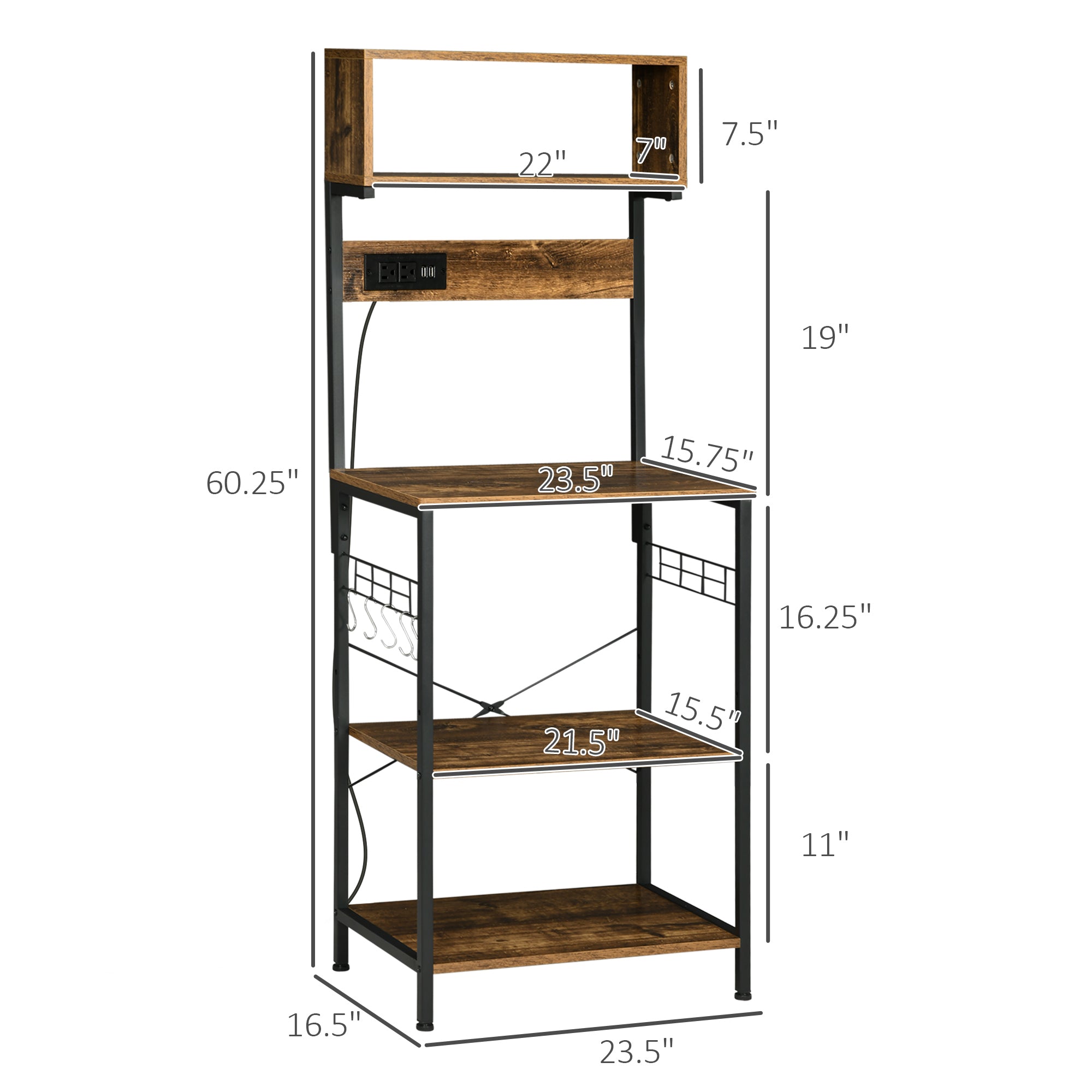 Kitchen Bakers Rack with Power Outlet, USB Charger, Microwave Stand, Coffee Bar with Adjustable Shelves, 5 Hooks for Spices, Pots and Pans, Rustic Brown