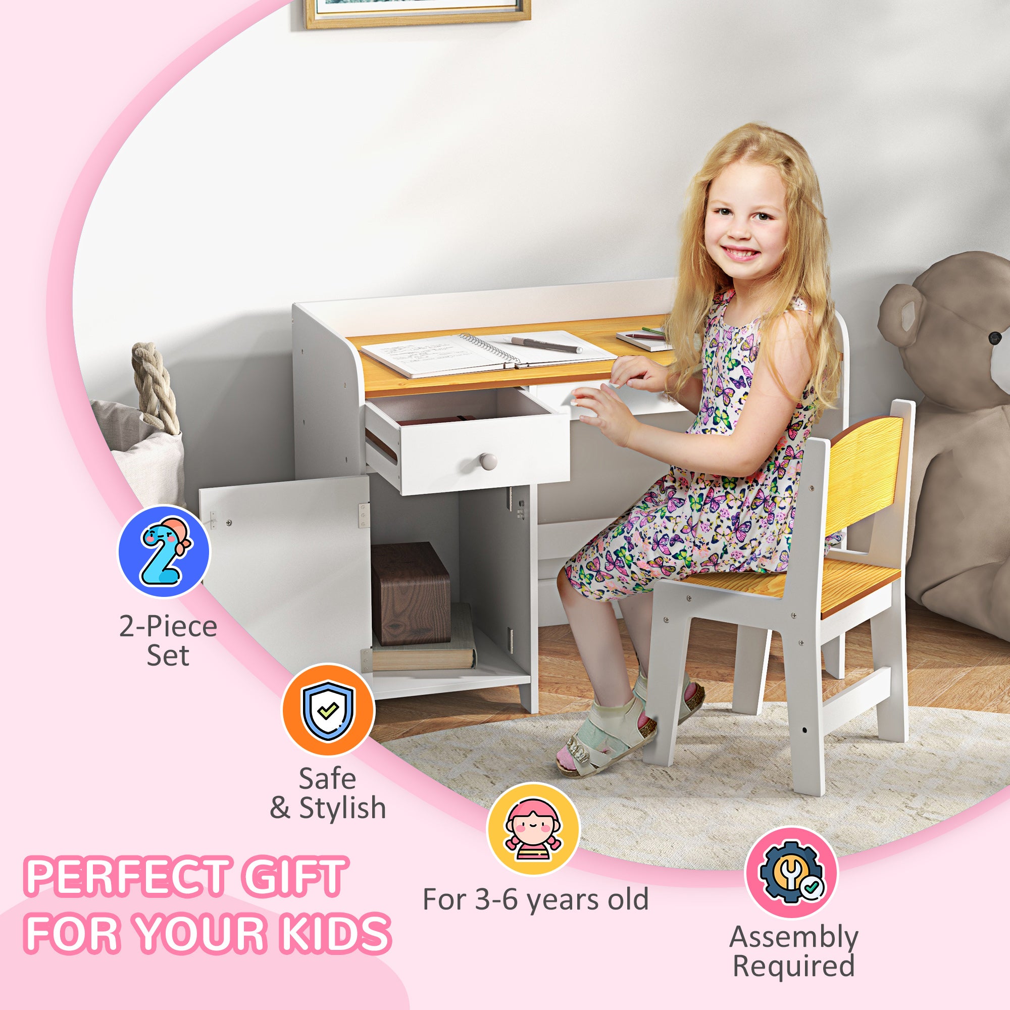 Kids Desk and Chair Set with Storage, Study Desk with Chair, White