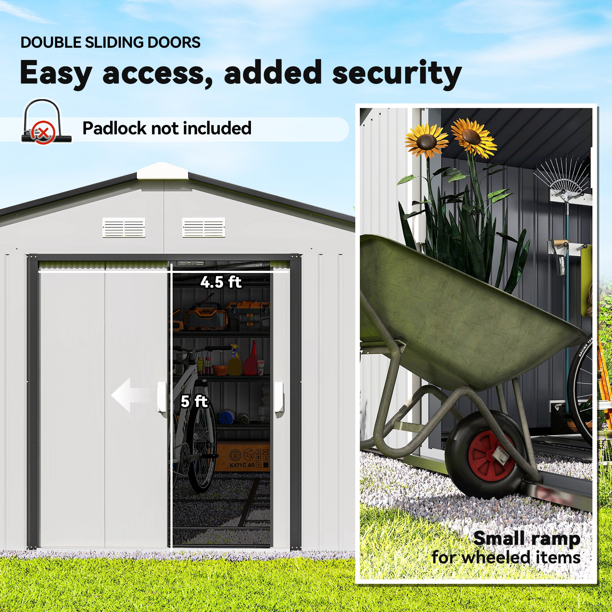 Garden Metal Shed, Storage Shed Utility Storage with Double Locking Doors for Bike, Yard Tools, White - White - Image 5
