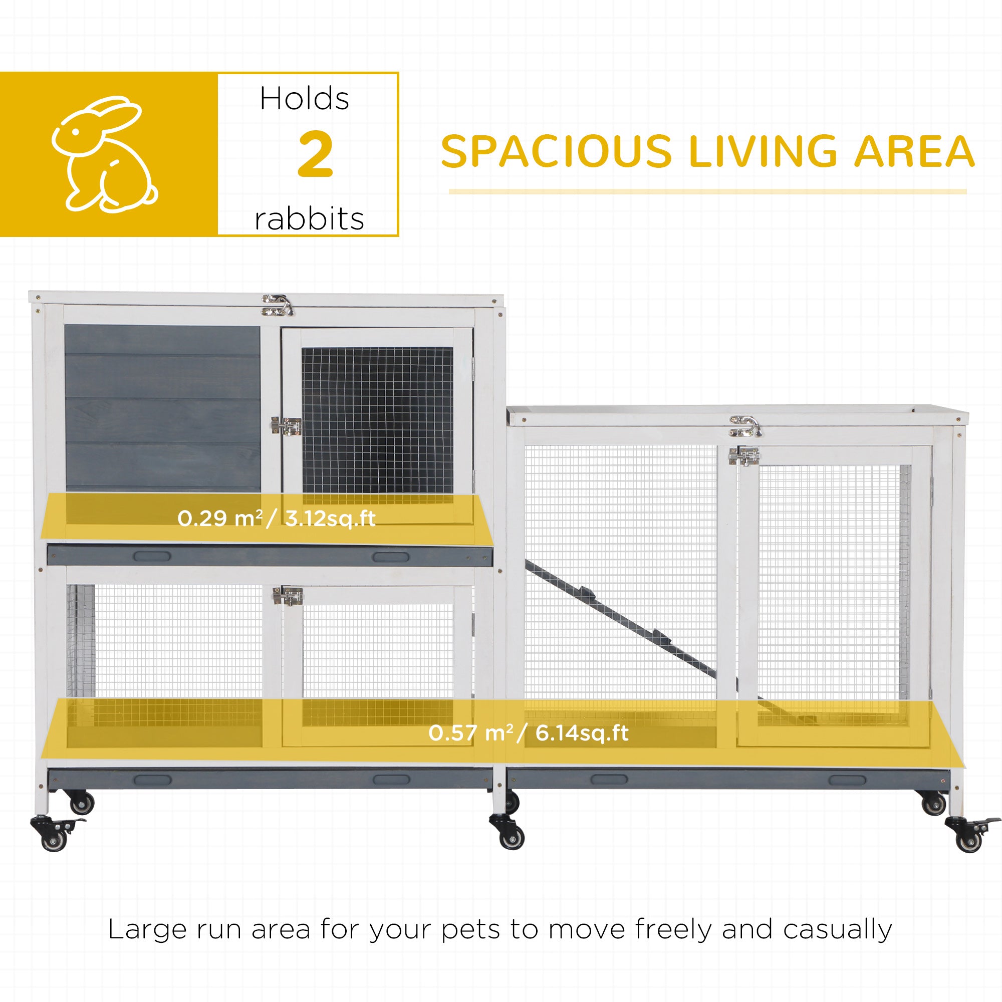 Wooden Rabbit Hutch Bunny Hutch Elevated Pet House Cage Small Animal Habitat with No Leak Tray Lockable Door Openable Top for Rabbits, Chickens, Ducks, Indoor 57.75" x 18" x 32.5" Gray - Grey and White - Image 4