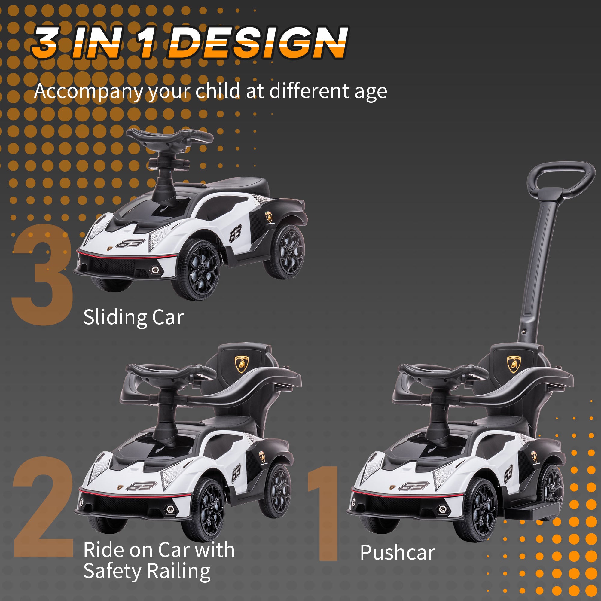 Toddler Push Car, Lamborghini Stroller Walking Car Age for 1-3, White