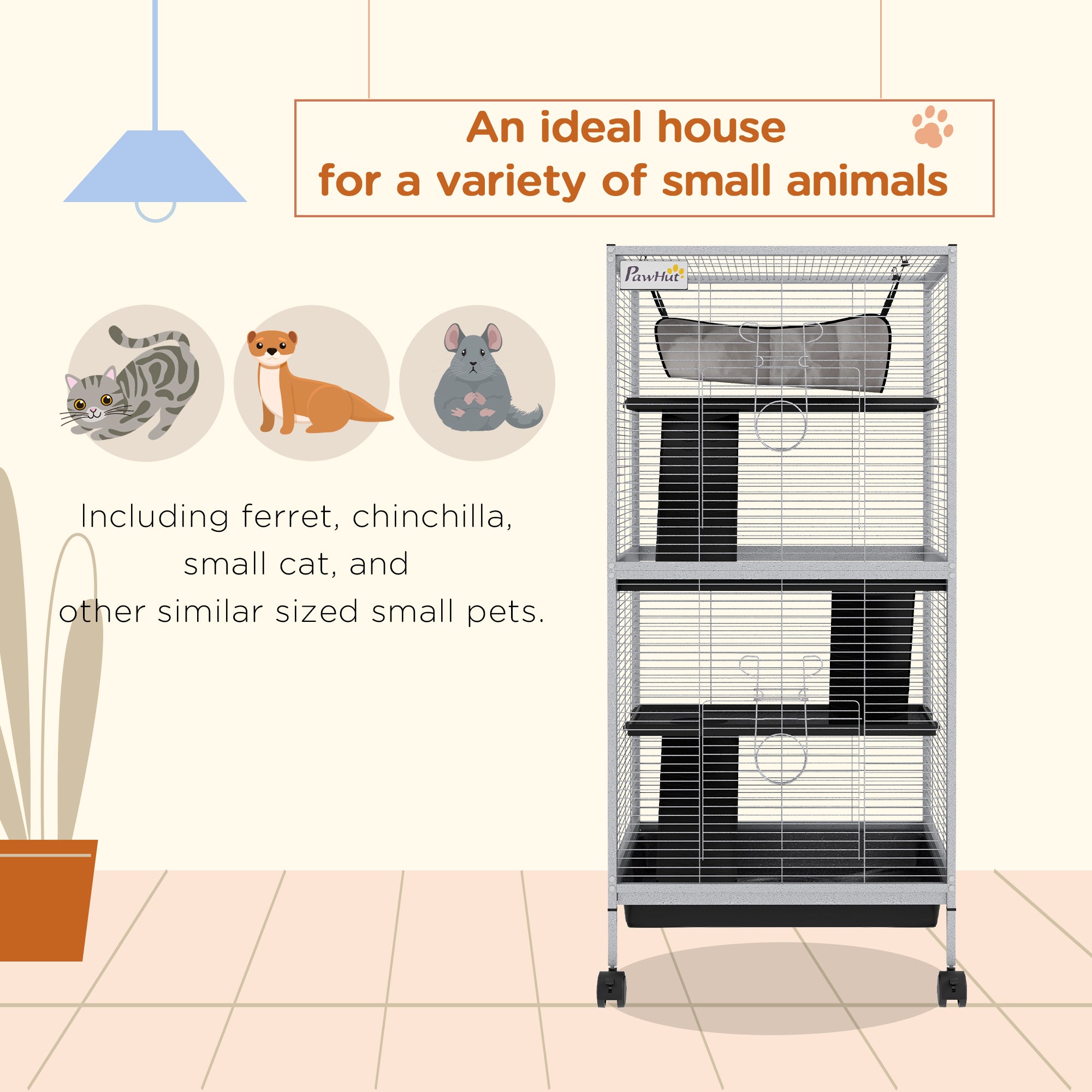 45" H Rolling Small Animal Cage with Hammock, Ferret Cage, Chinchilla Cage, Pet Habitat with 6 Doors, Removable Tray - White - Image 4