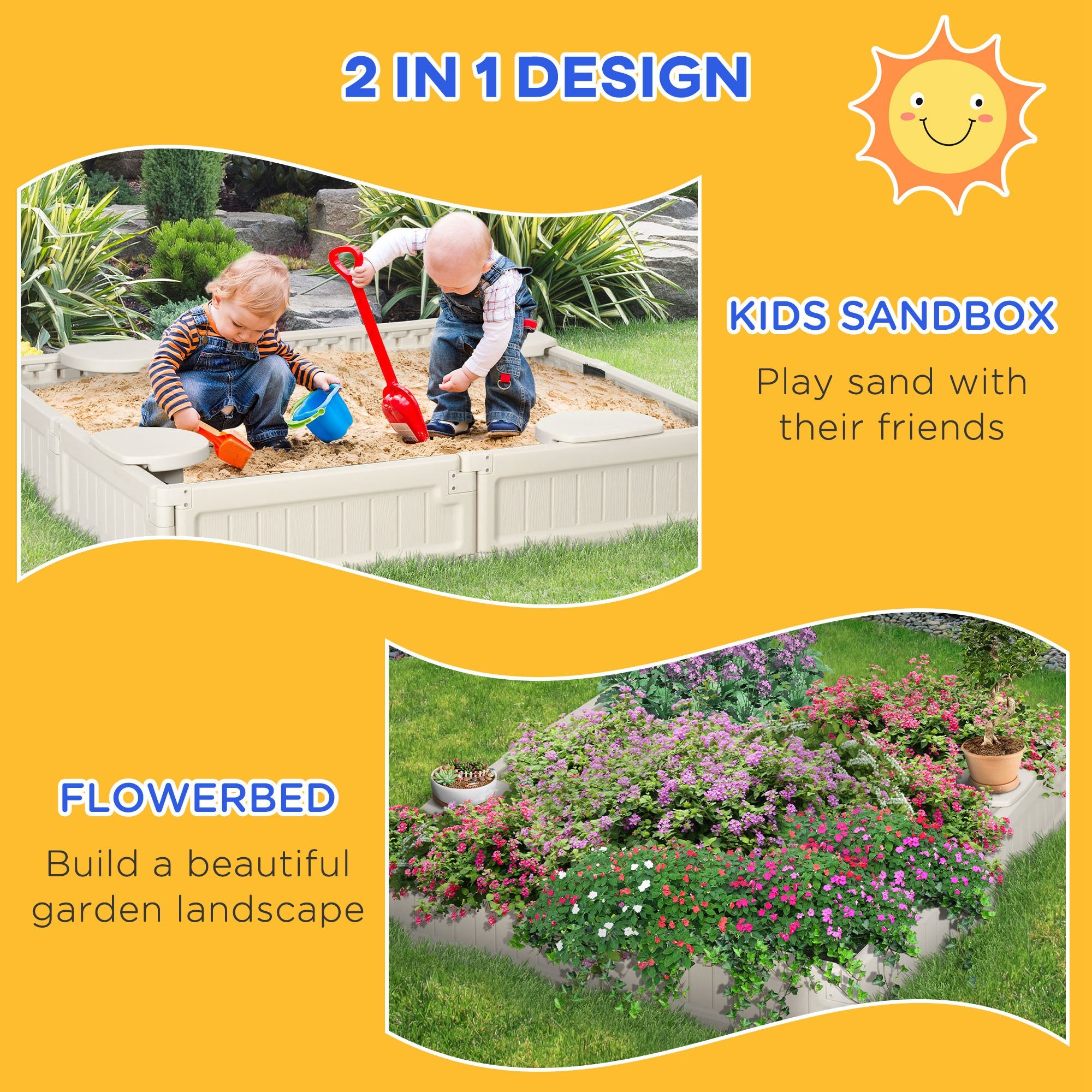 Kids Outdoor Sandbox with Cover Garden Bed, Easy Assembly for Backyard, Cream White, 48.5" x 48.5" x 8.25"