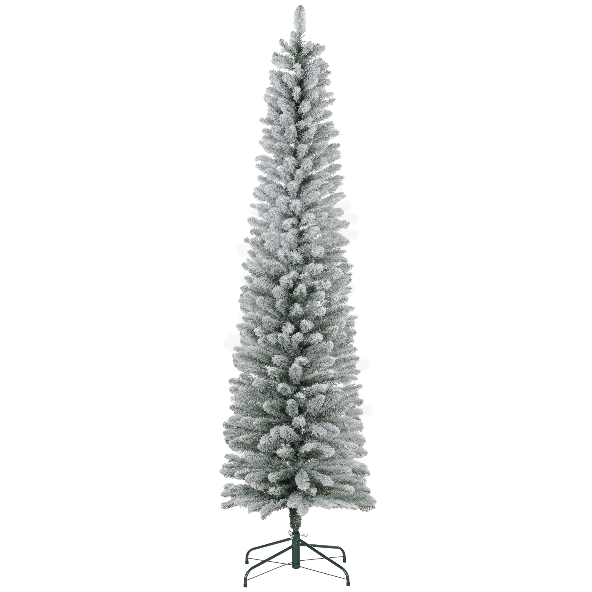 7ft Artificial Christmas Tree, Snow Flocked Branches, Metal Base, Pencil Xmas Tree