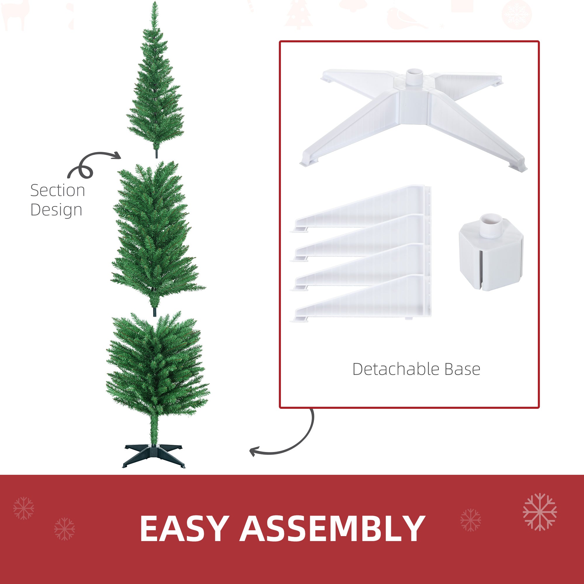 7ft Unlit Pencil Artificial Christmas Tree with Realistic Branches and 499 Tips, Plastic Base, Light Green