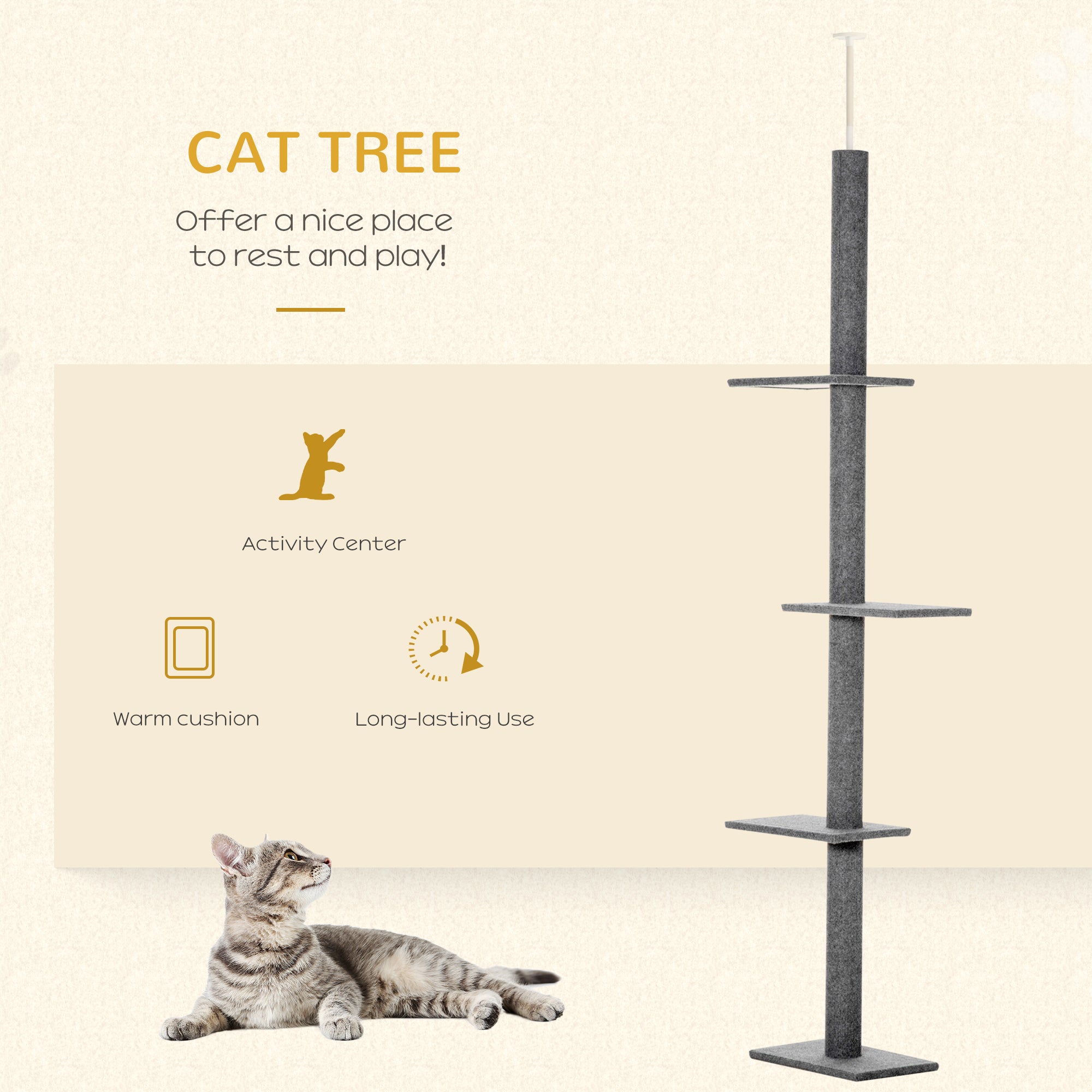 Floor-to-Ceiling Cat Tree Cat Climbing Tower with Sisal-Covered Scratching Posts Natural Cat Tree Activity Center for kittens Cat tower furniture, Grey - Dark Grey - Image 4