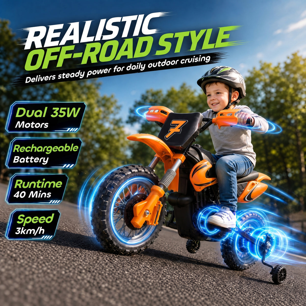12V Kids Motorcycle, 2 x 35W Electric Dirt Bike with Training Wheels, Rear Suspension, Horn for 3-6 Years, Orange