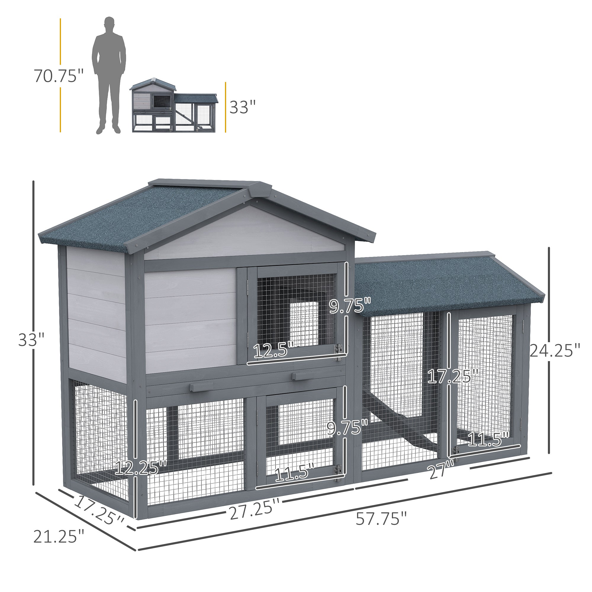 58" Large Rabbit Hutch Outdoor Indoor, Wooden Bunny Hutch, Guinea Pig Cage with Run, Removable Tray, Asphalt Roof, Lockable Doors and Ramp, for 1-2 Small Rabbits, Chickens, Ducks, Dark Gray - Grey - Image 3