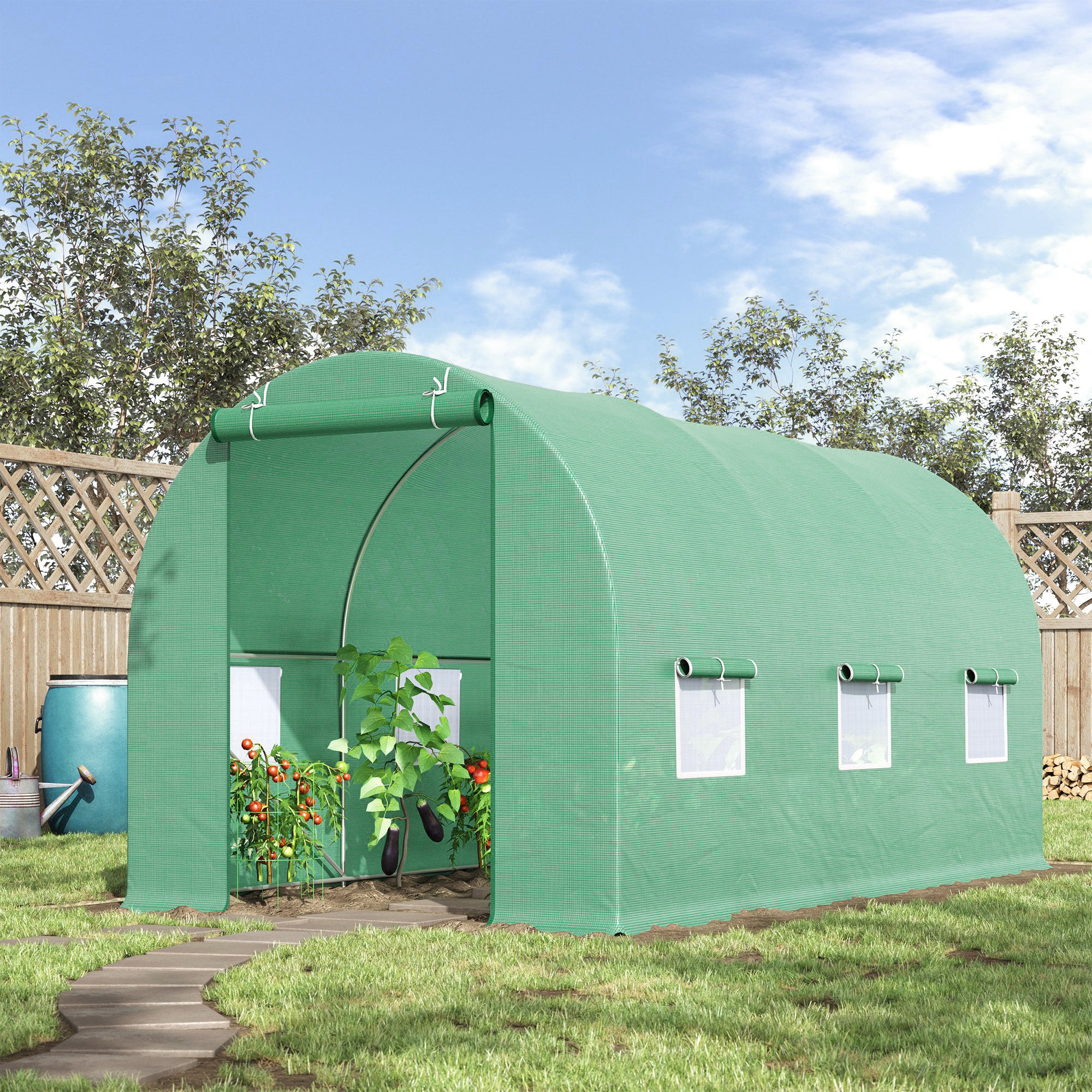 15' x 7' x 7' Walk-in Tunnel Hoop Greenhouse, Green House for Outside with PE Cover, Steel Frame, Roll-Up Zipper Door & Windows for Flowers, Vegetables, Tropical Plants, Green - Green - Image 2