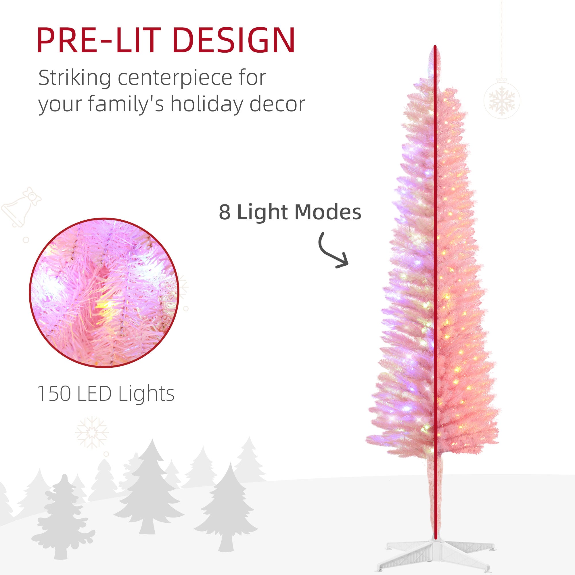 5' Prelit Christmas Tree, Pencil Artificial Christmas Tree with Colorful Surface Branches, Colorful LED Lights, Pink