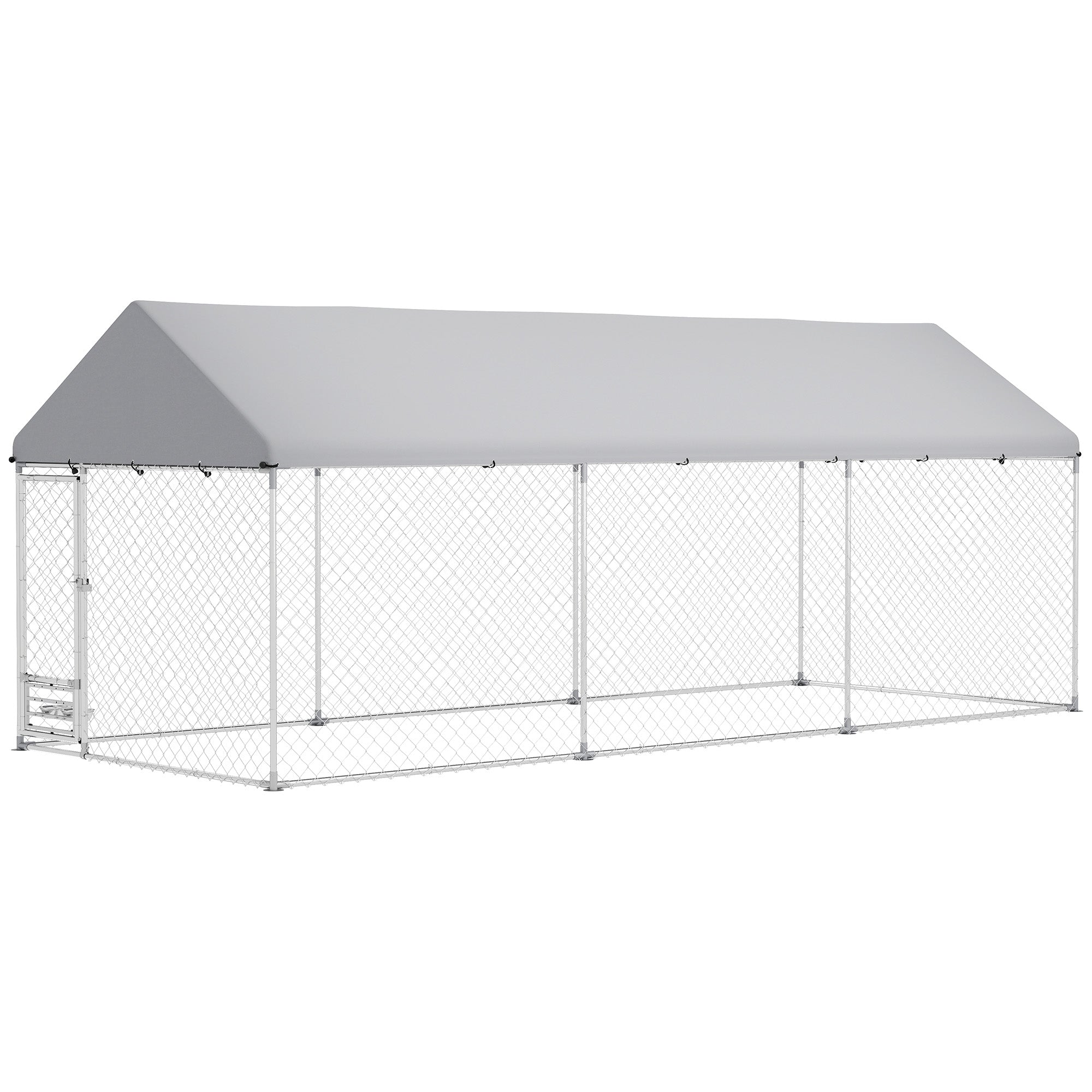 Outdoor Dog Kennel w/ Adjustable & Rotatable Bowl Rack, Waterproof UV-Resistant Cover, Secure Lock, 19.7' x 7.5' x 7.5' - Silver