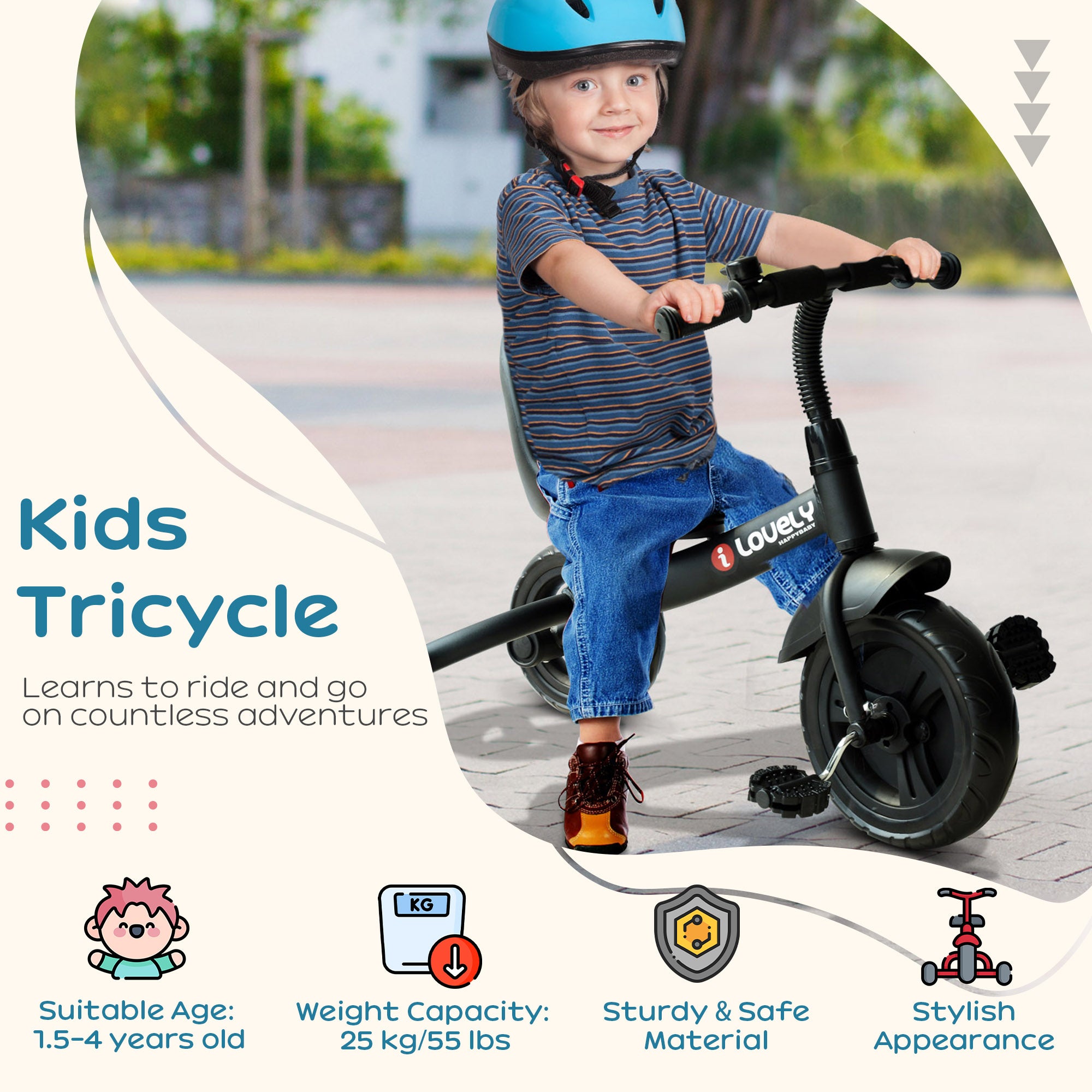 3-Wheel Recreation Ride-On Toddler Bike With Bell for Children Indoor / Outdoor, Black