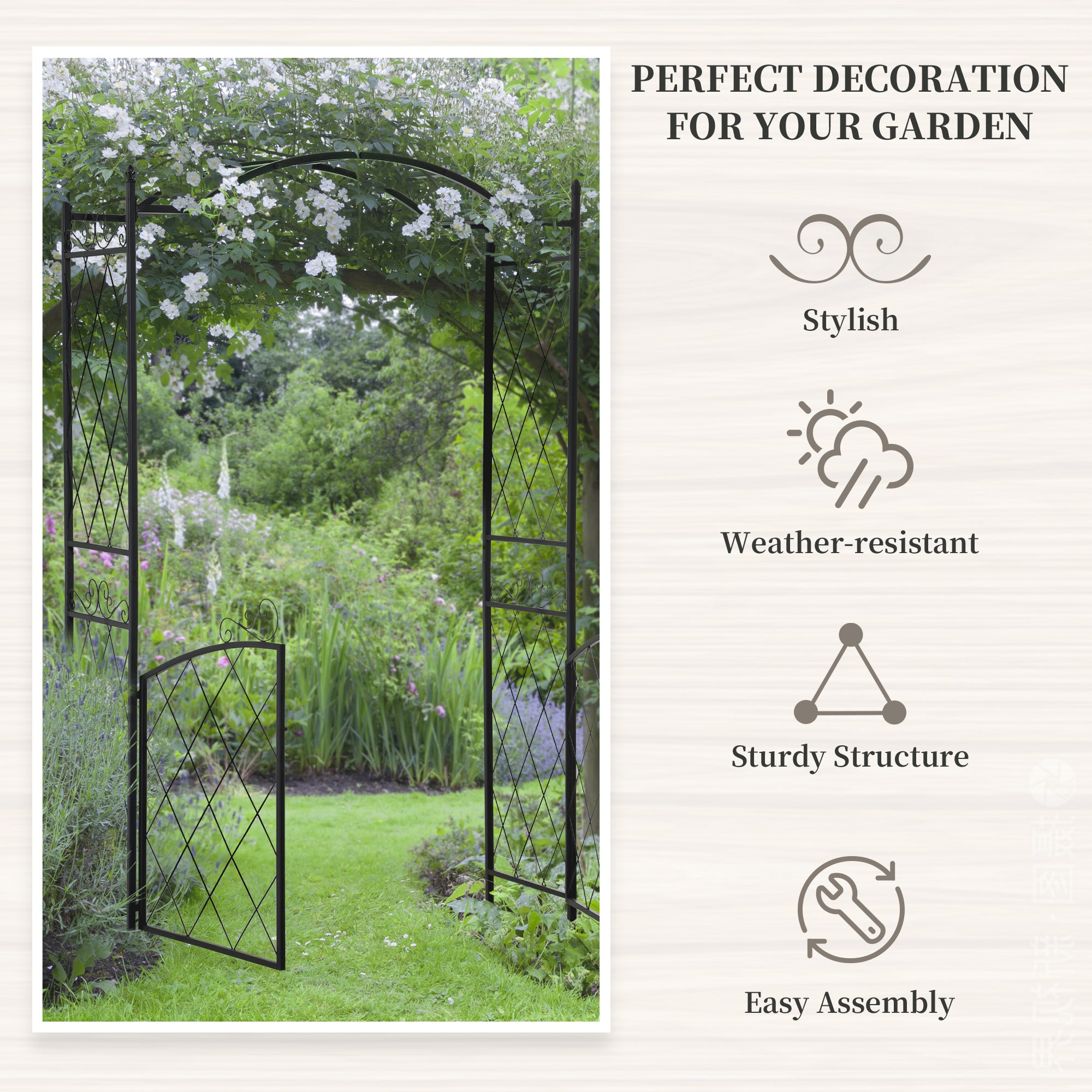 85" Garden Arch Arbor, Metal Arch Trellis with Gate, Garden Archway for Climbing Vines, Wedding Ceremony Decoration, Black - Black - Image 5