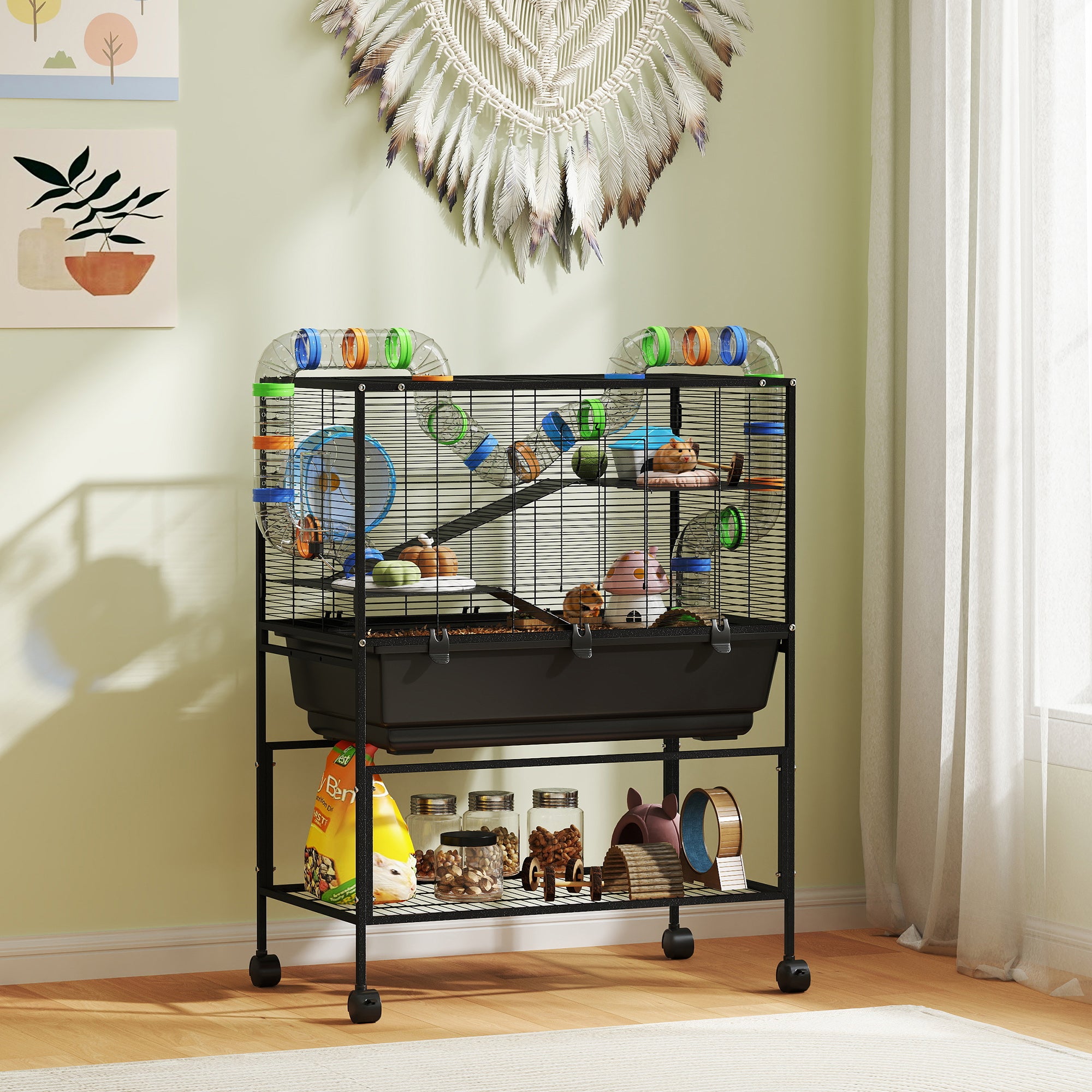 3 Tier Hamster Cage, Rolling Rat Cage with Deep Tray, Storage Shelf, Big Exercise Wheel, Hut, Tube System - Black - Image 2