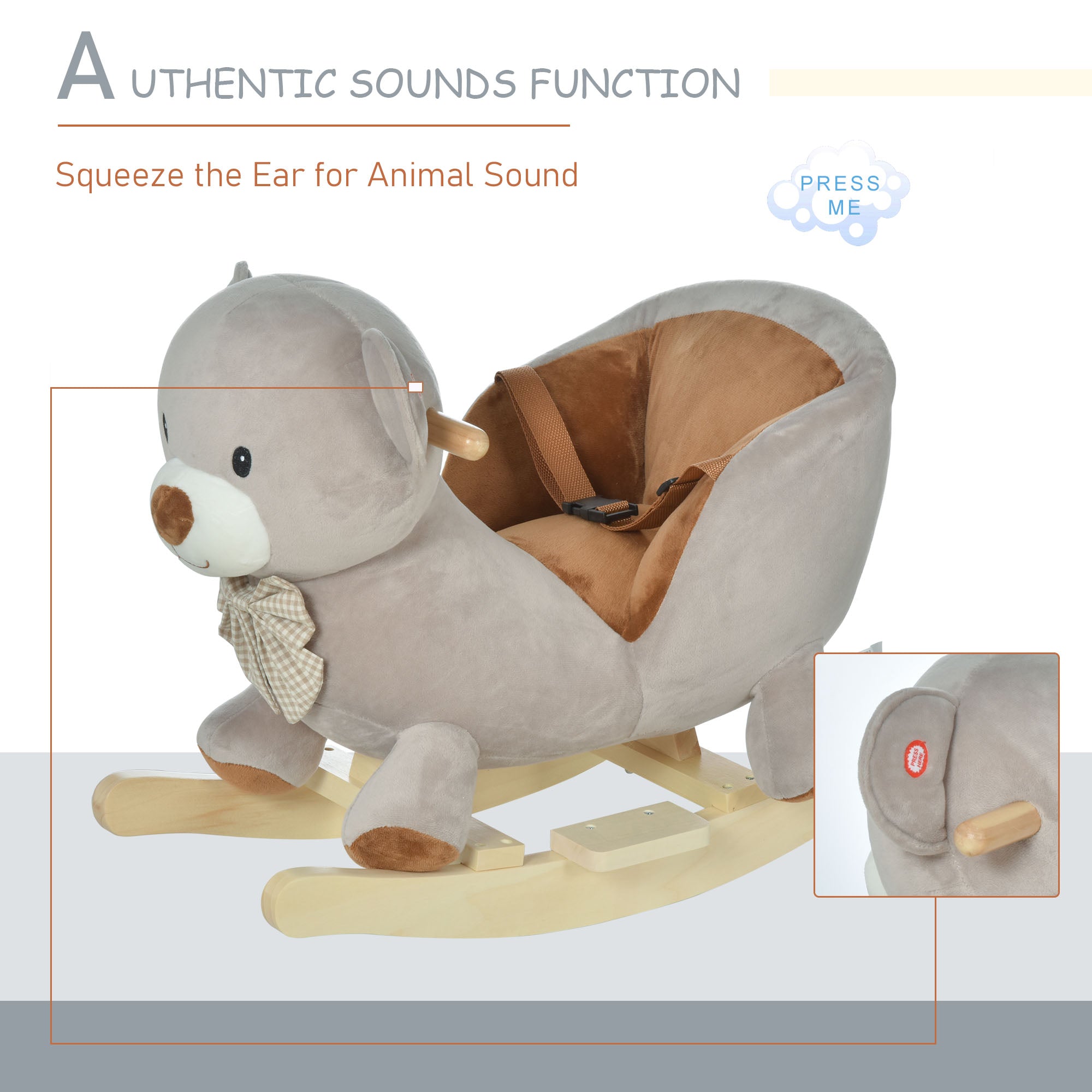 Bear-Shaped Kids Rocking Horse with Sound for 18-36 Months, Gray