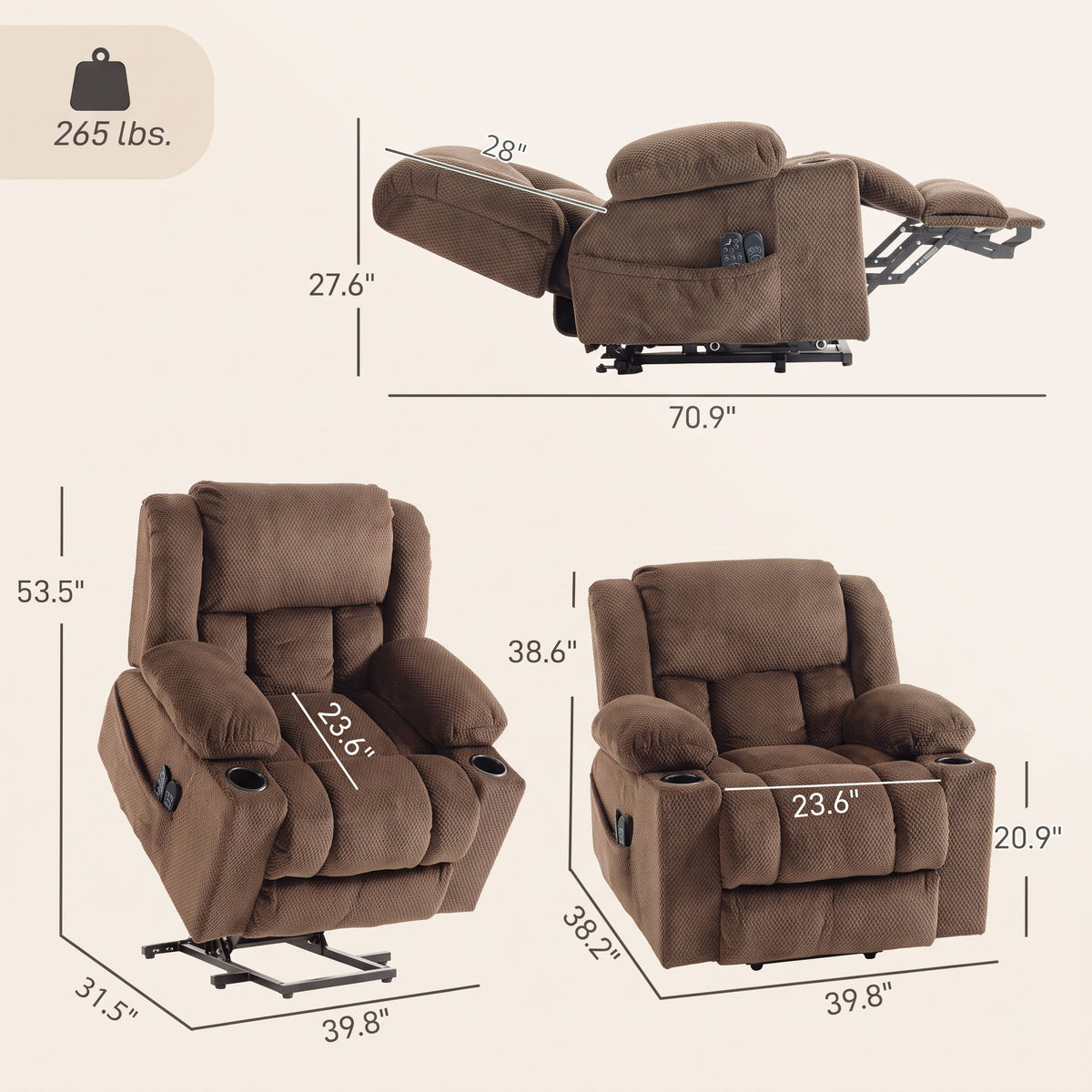 Dual Motor Power Lift Recliner Chair with Massage and Heat for Elderly, 180° Flat Recline, Wide Seat, Dark Brown
