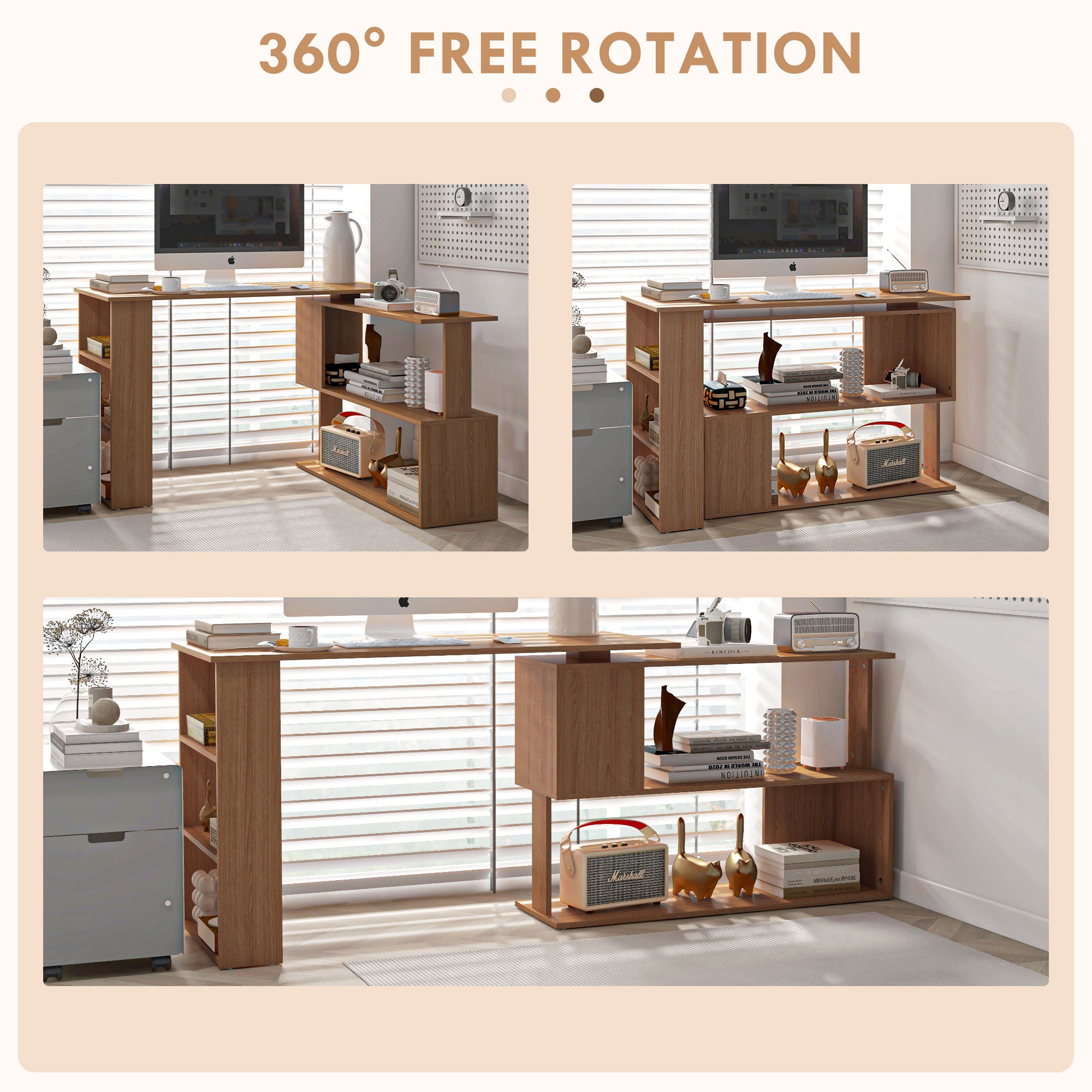 360° Rotating Home Office Desk L Shaped Corner Computer Desk with Storage Shelves, Writing Table Workstation, Teak
