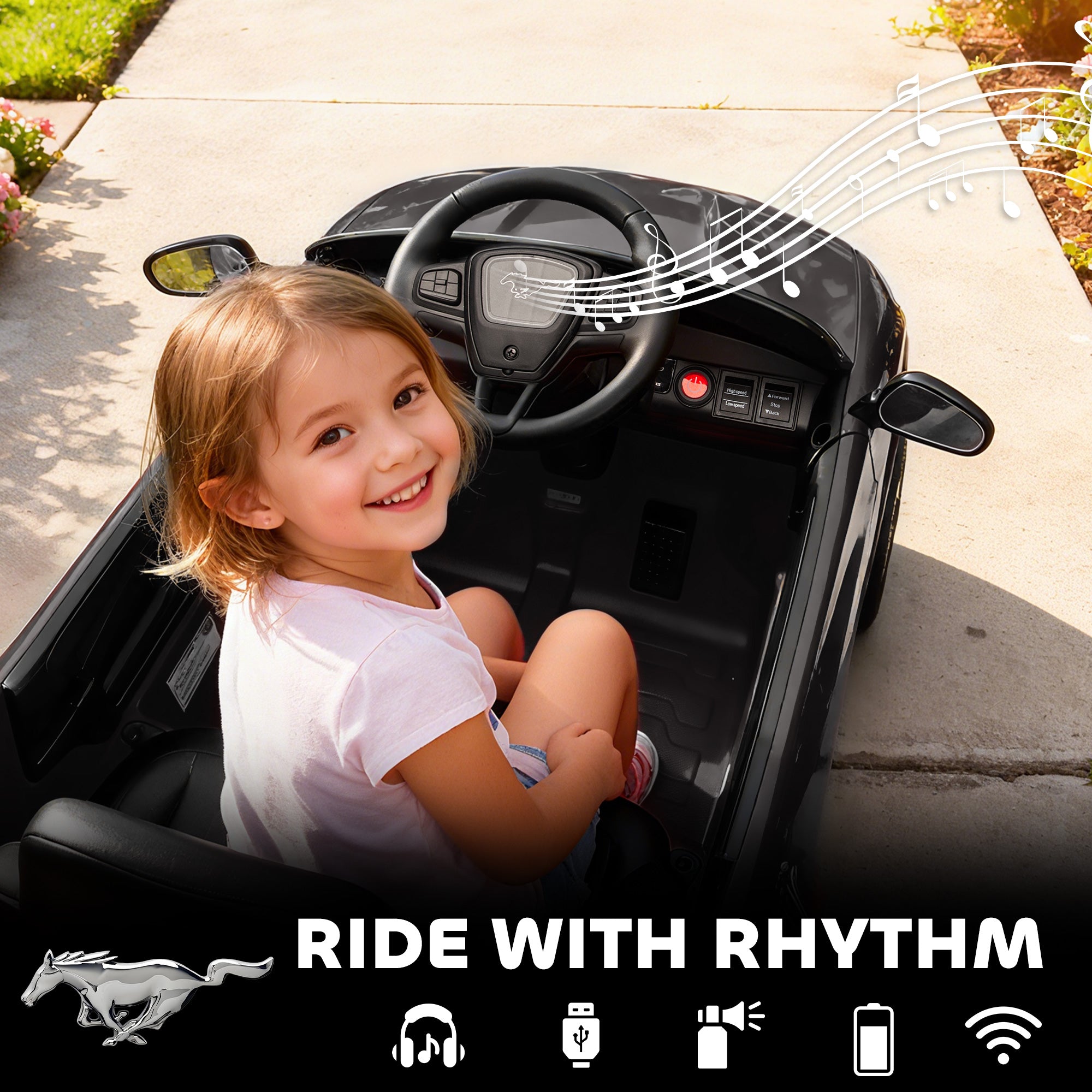 12V Kids Ride On Car, Licensed Ford Mustang Mach-E Electric Car with Remote Control, LED Light, Music, Black