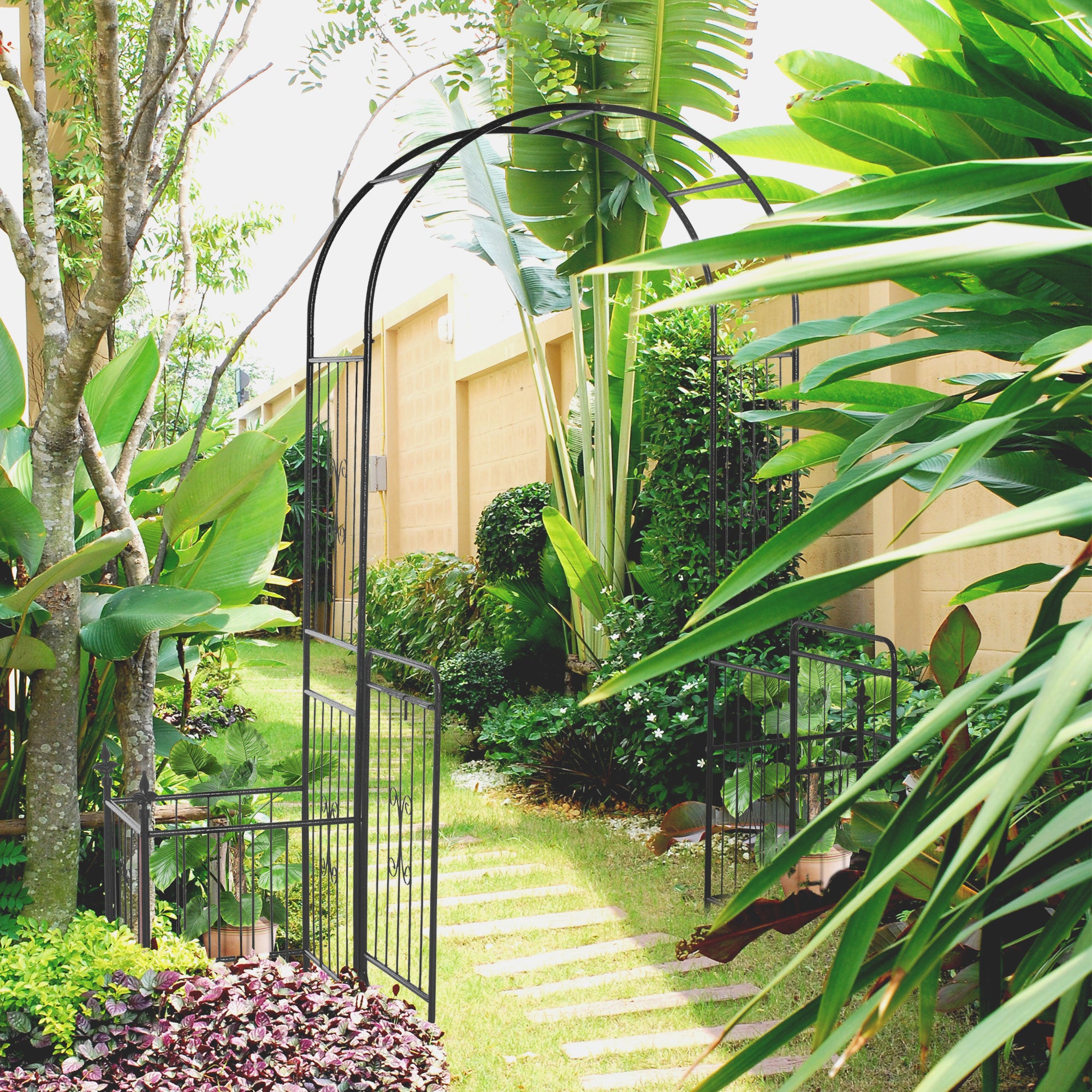 86" Garden Arch Arbor, Metal Arch Trellis with Gate and Planter Baskets, Garden Archway for Climbing Vines, Wedding Ceremony Decoration, Flourishes & Arrow Tips, Black - Black - Image 2
