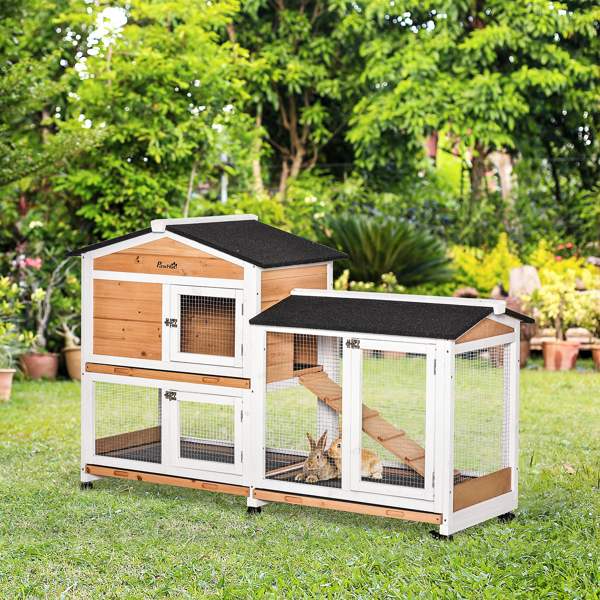62" Wooden Mobile Rabbit Hutch with Wheels, Run Box, Slide-out Tray, Ramp, Yellow - Natural Wood - Image 2