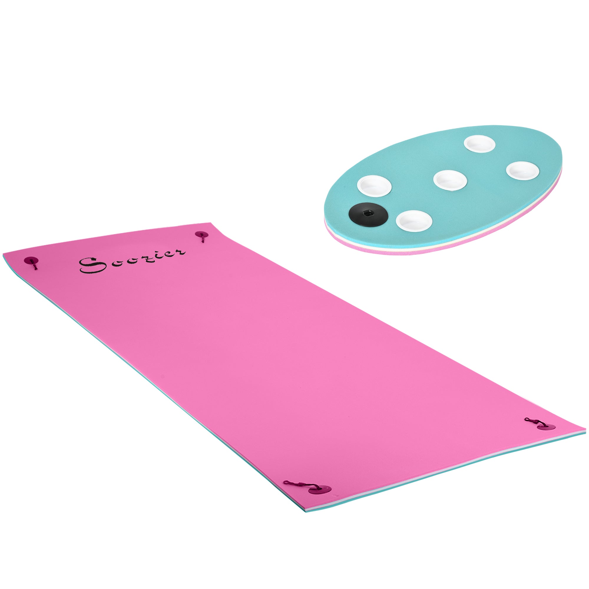 12' x 5' Lily Pad Floating Mat with Cup Holder Table, 3-Layer Portable Roll-Up Water Mat Float Dock for 2-3 People, on Lake, River, Beach, Swimming Pool, Pink